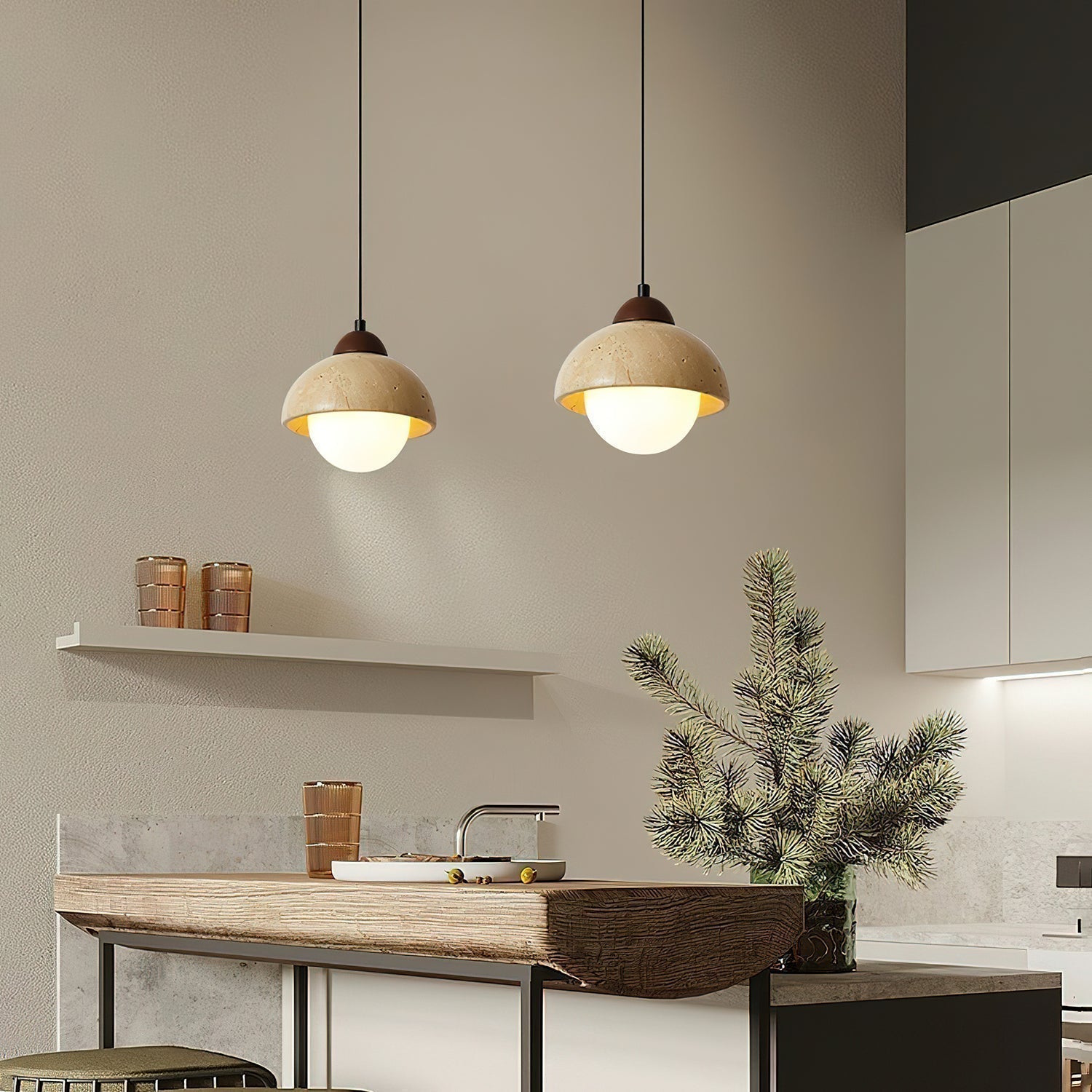 Lunex Dome-Shaped Travertine Pendant Light-Neutral Decor