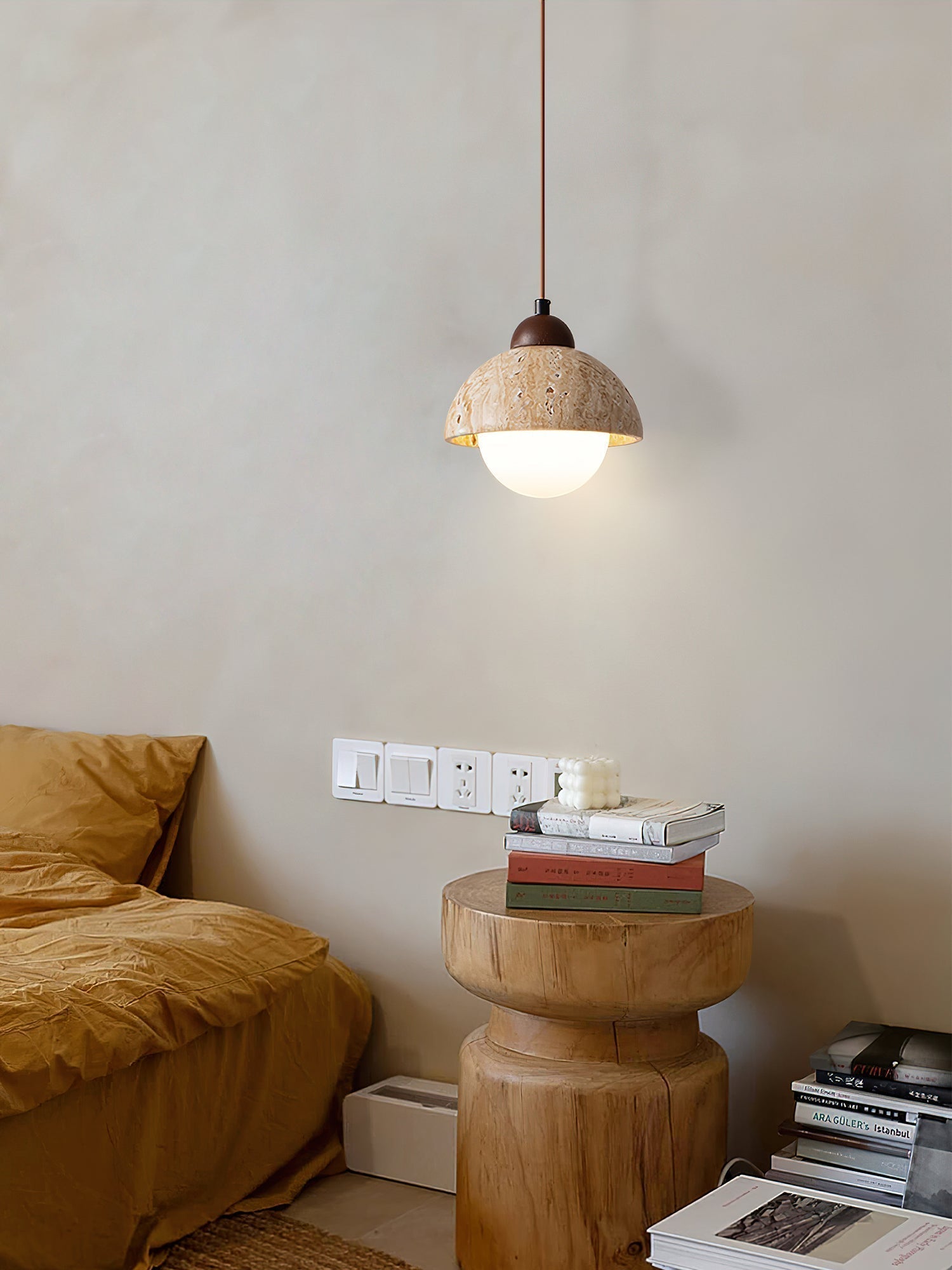 Lunex Dome-Shaped Travertine Pendant Light-Neutral Decor