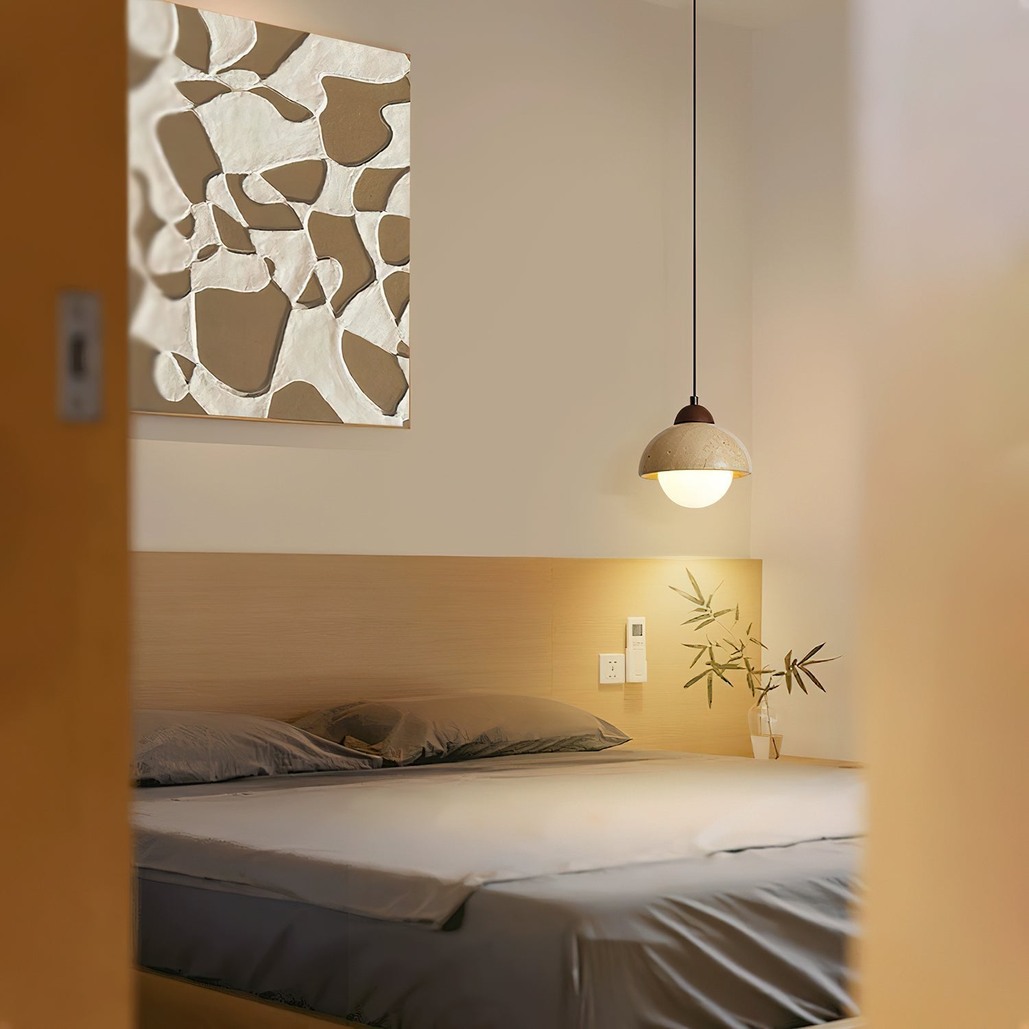 Lunex Dome-Shaped Travertine Pendant Light-Neutral Decor