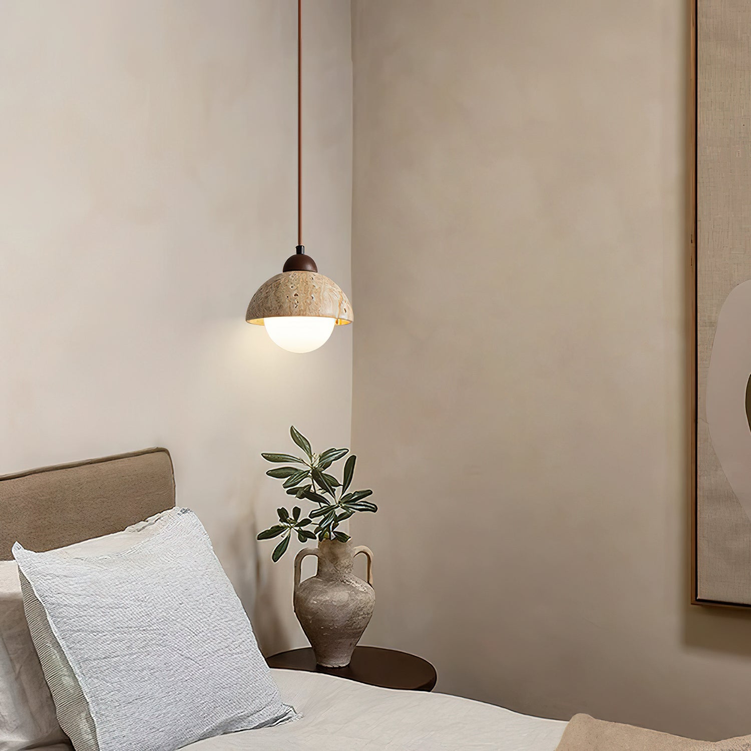 Lunex Dome-Shaped Travertine Pendant Light-Neutral Decor
