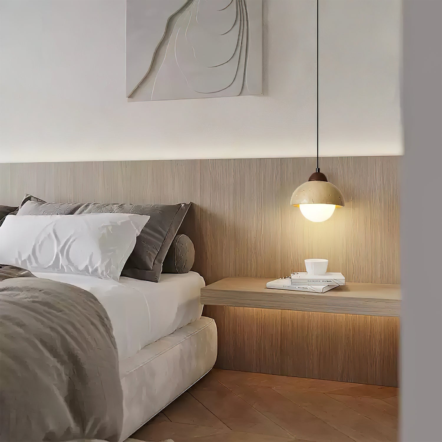 Lunex Dome-Shaped Travertine Pendant Light-Neutral Decor