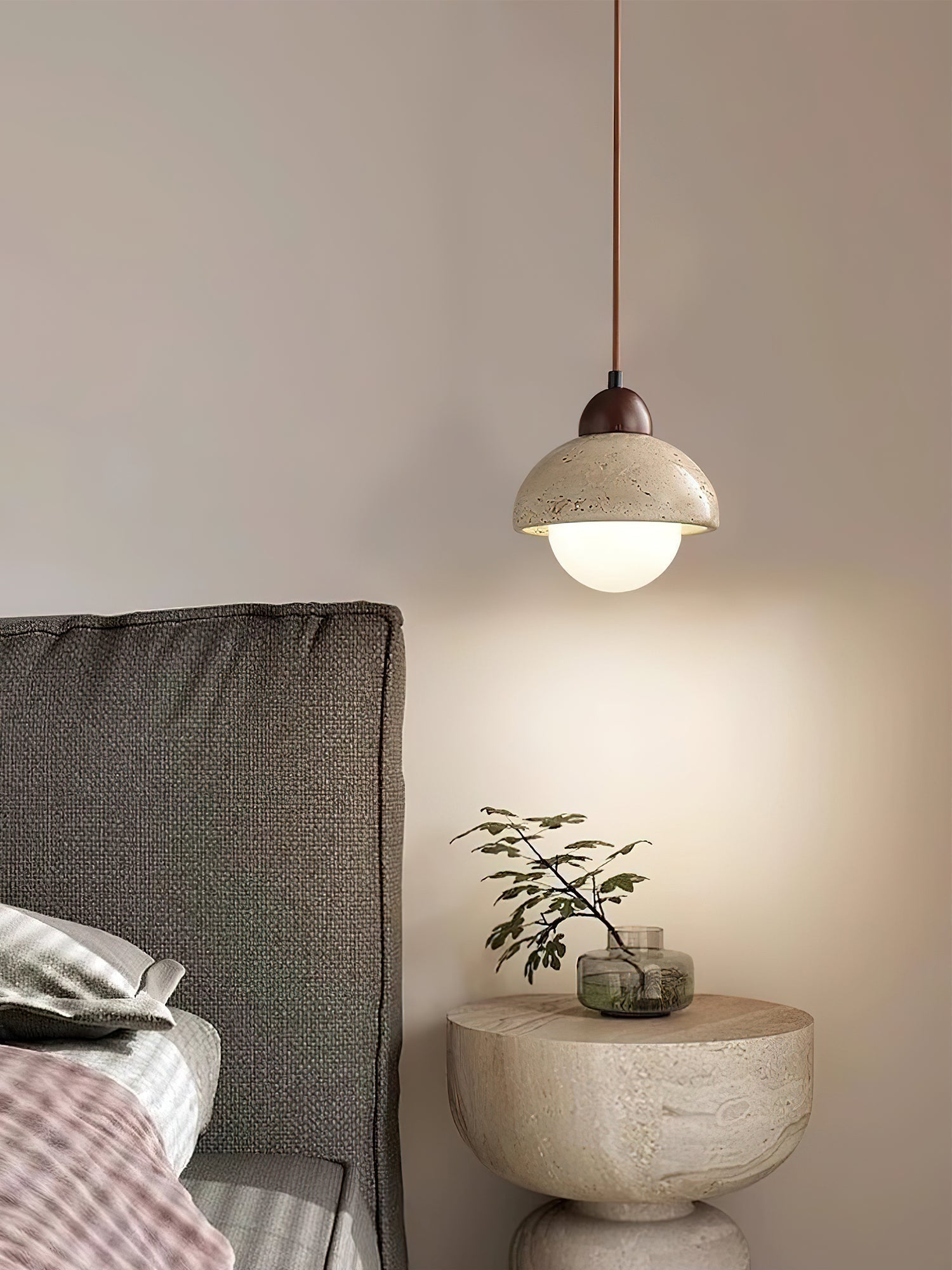 Lunex Dome-Shaped Travertine Pendant Light-Neutral Decor