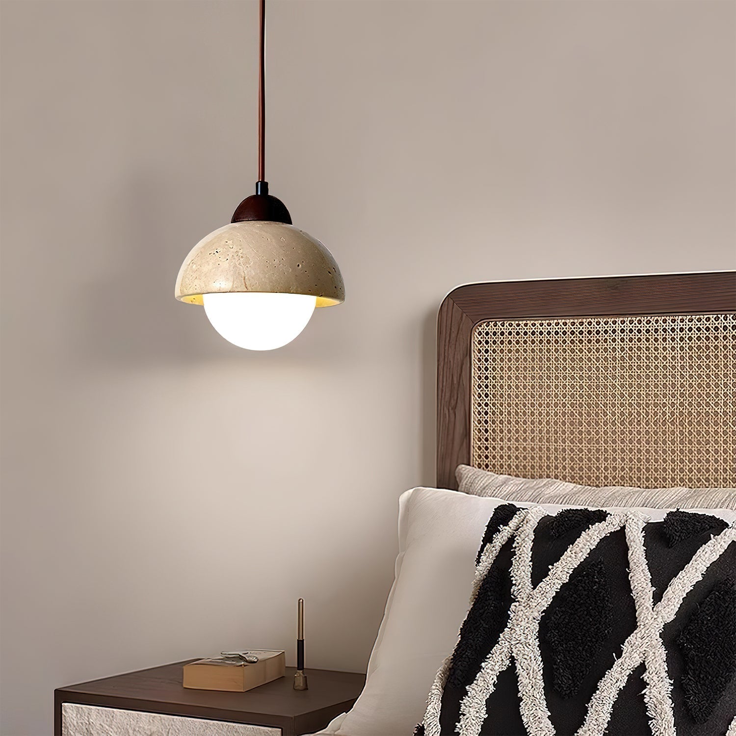 Lunex Dome-Shaped Travertine Pendant Light-Neutral Decor