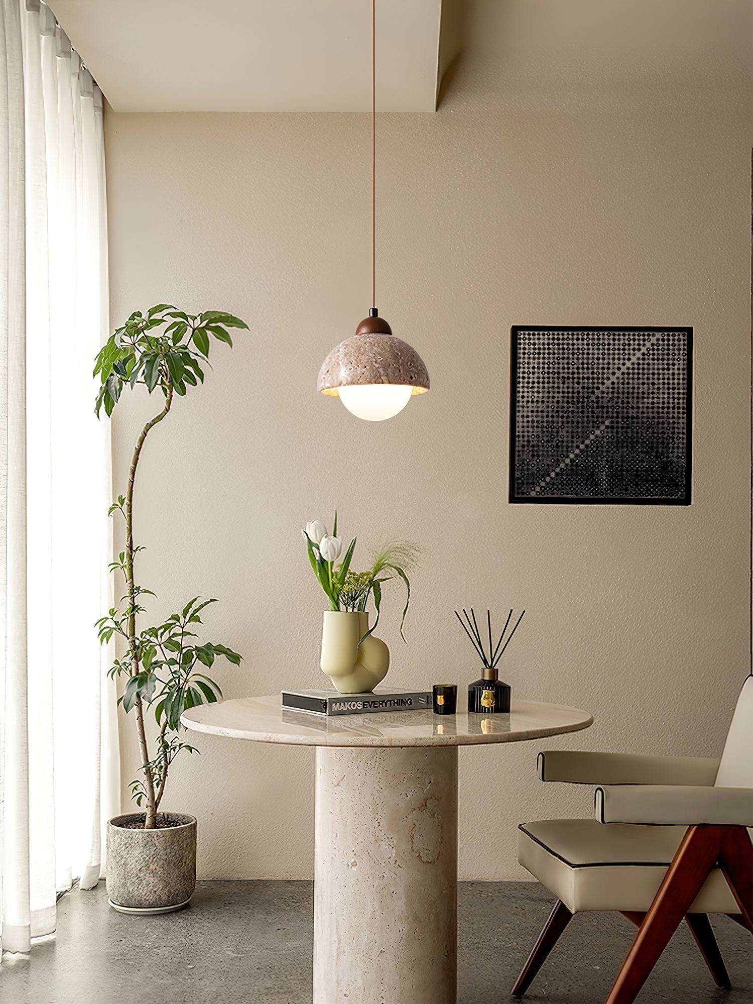 Lunex Dome-Shaped Travertine Pendant Light-Neutral Decor
