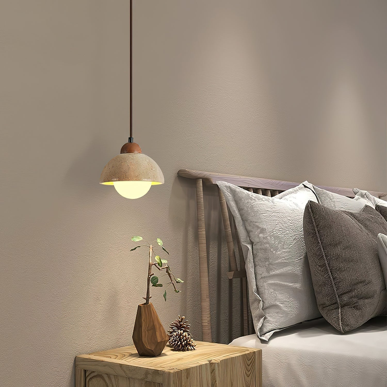 Lunex Dome-Shaped Travertine Pendant Light-Neutral Decor