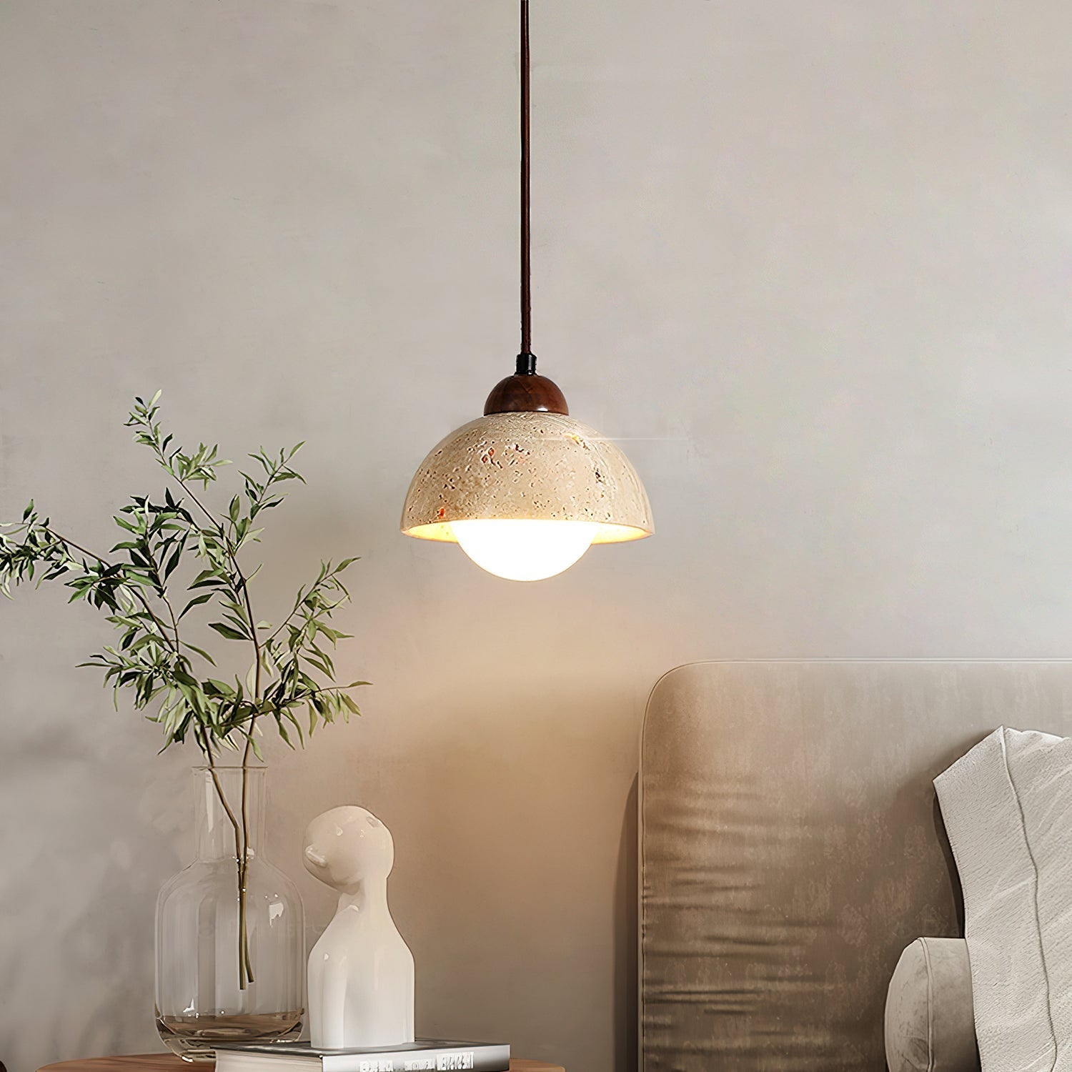 Lunex Dome-Shaped Travertine Pendant Light-Neutral Decor