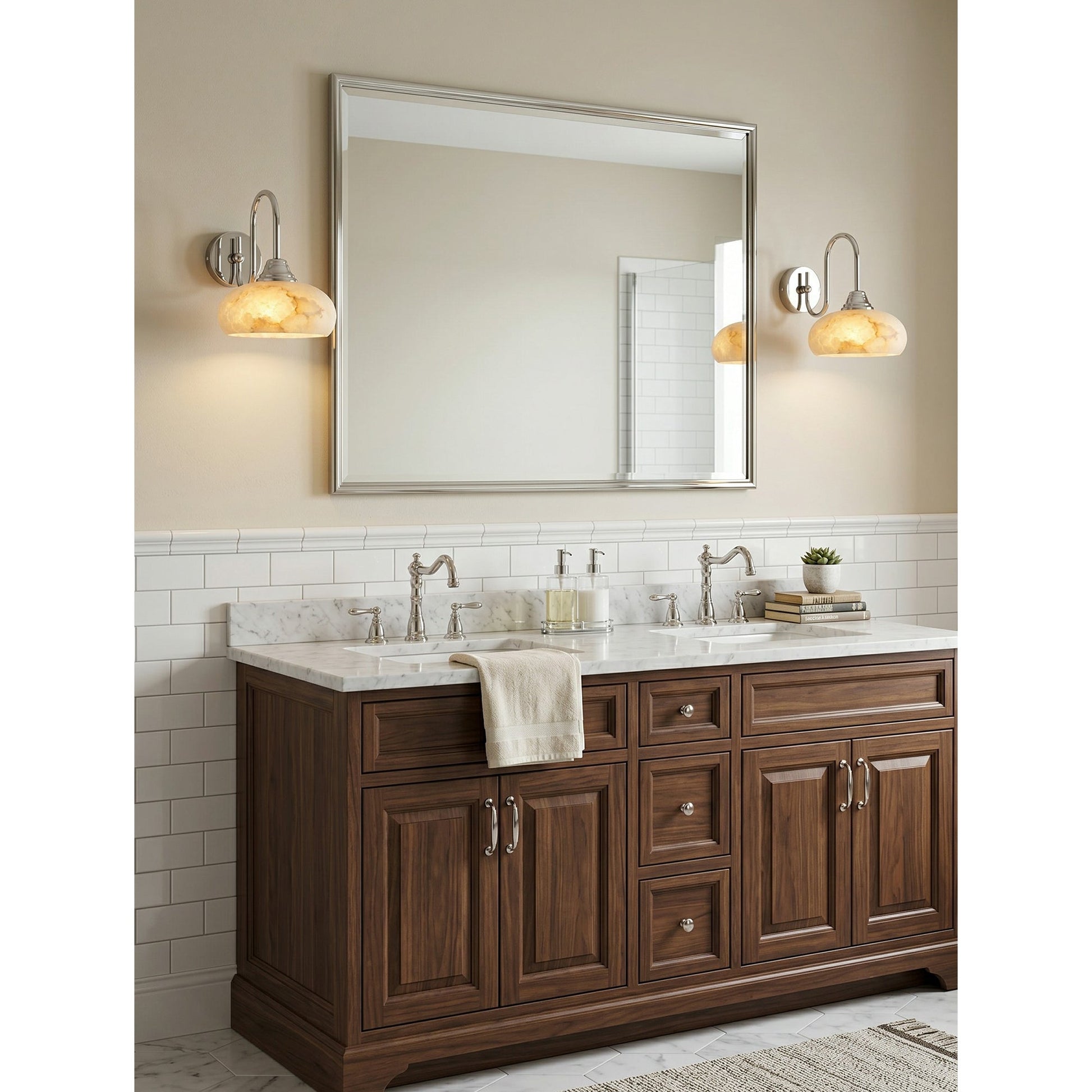 The sconce installed in a bathroom setting above a vanity.