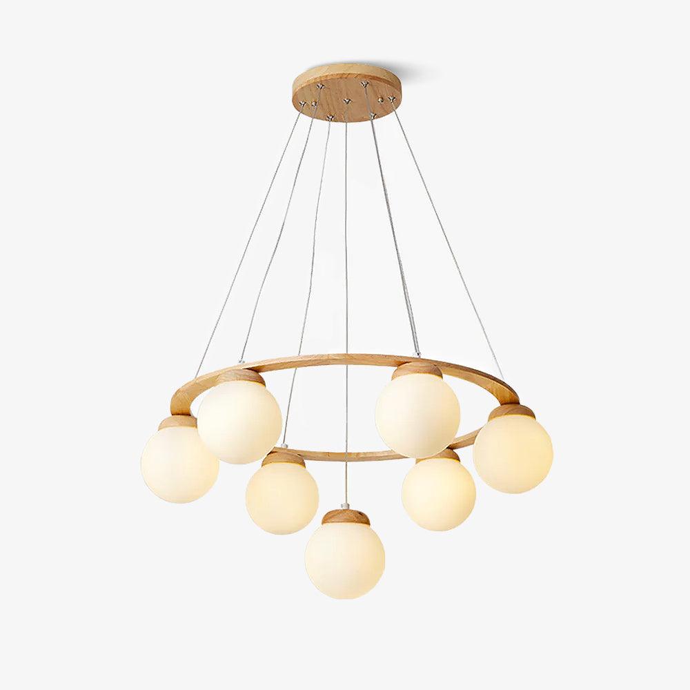 Aelion Chandelier Wood Ring Opal Glass Globes-Neutral Decor