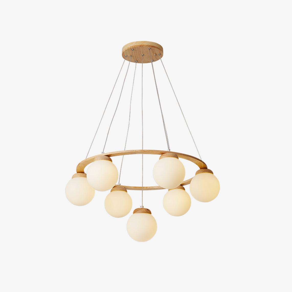 Aelion Chandelier Wood Ring Opal Glass Globes-Neutral Decor