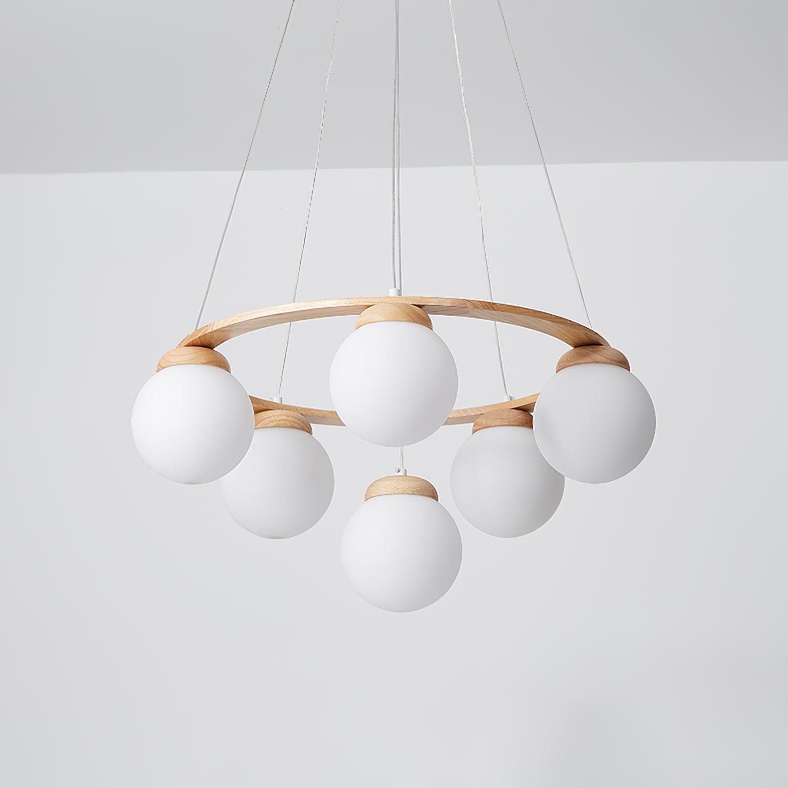 Aelion Chandelier Wood Ring Opal Glass Globes-Neutral Decor