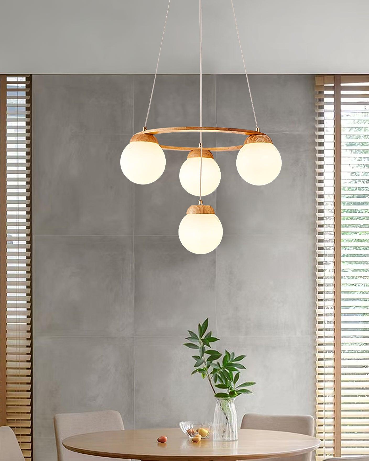 Aelion Chandelier Wood Ring Opal Glass Globes-Neutral Decor