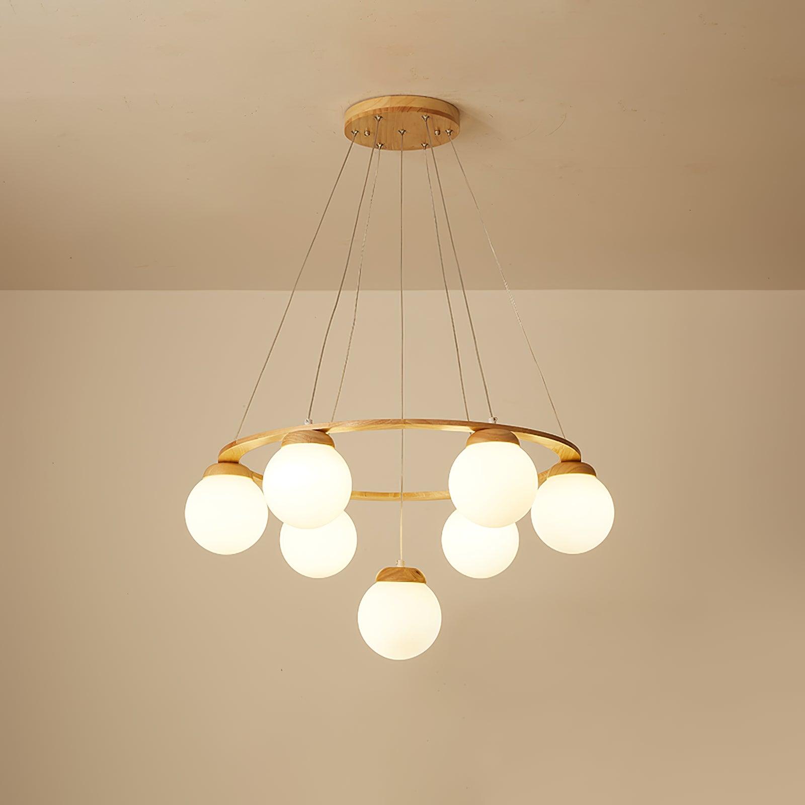 Aelion Chandelier Wood Ring Opal Glass Globes-Neutral Decor