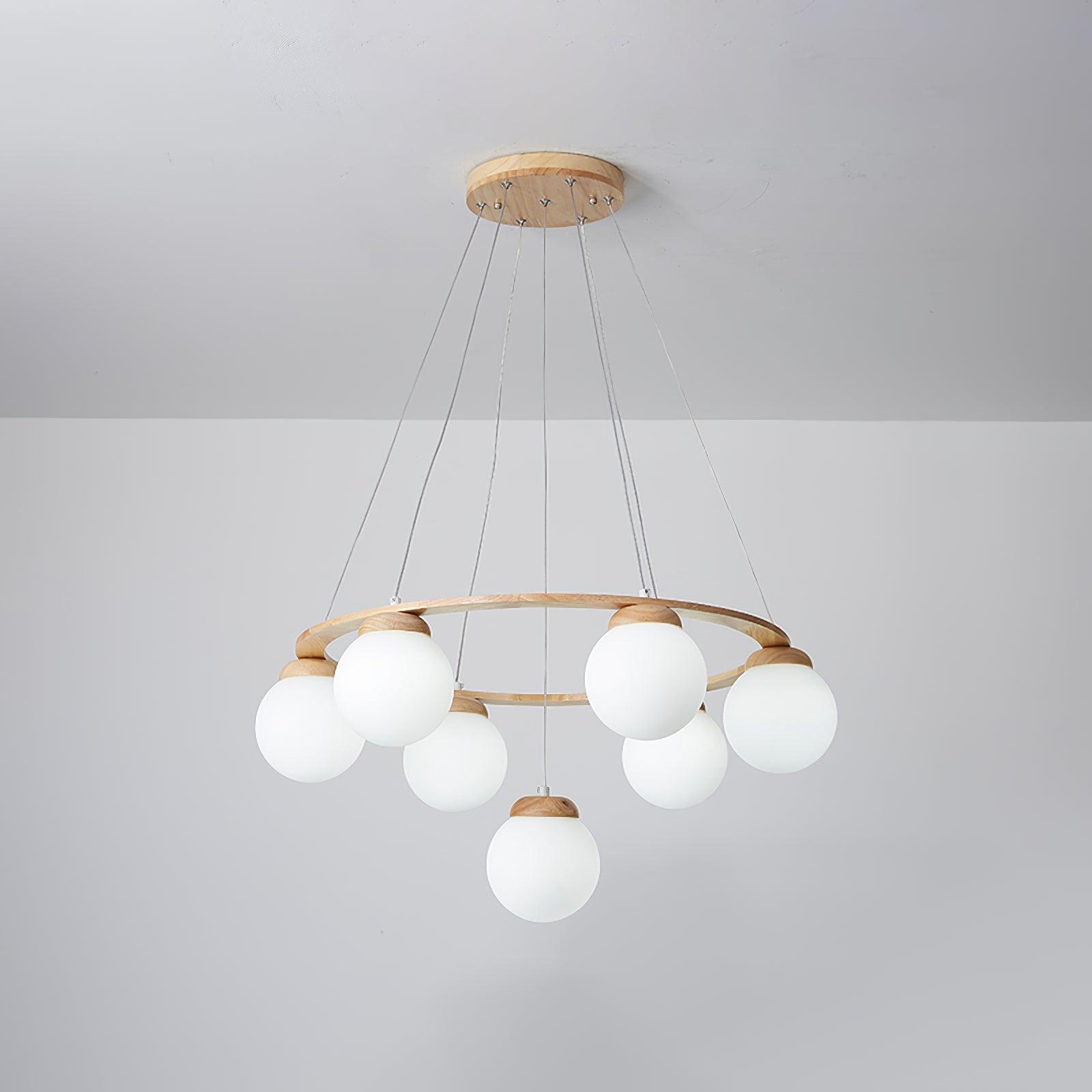 Aelion Chandelier Wood Ring Opal Glass Globes-Neutral Decor