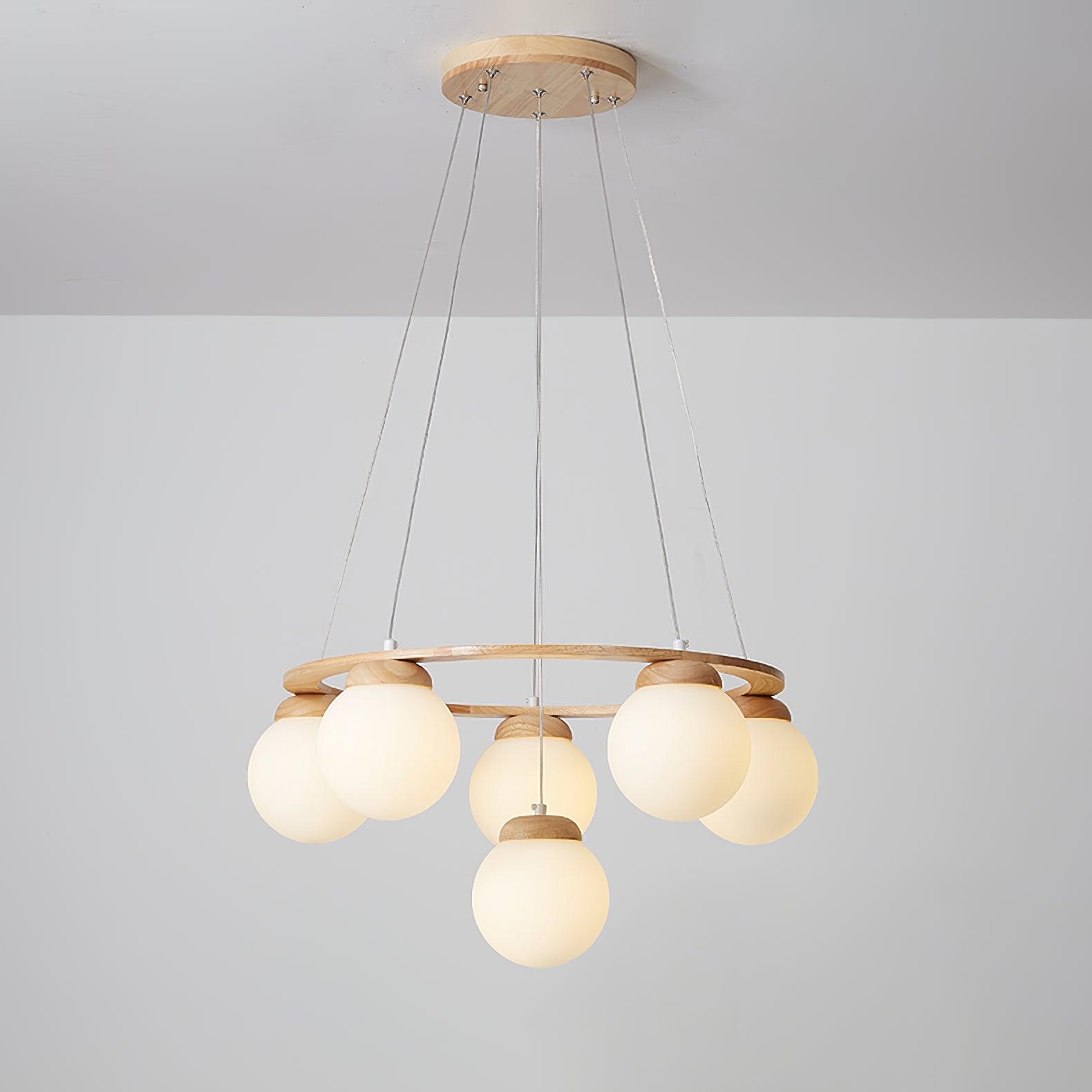 Aelion Chandelier Wood Ring Opal Glass Globes-Neutral Decor