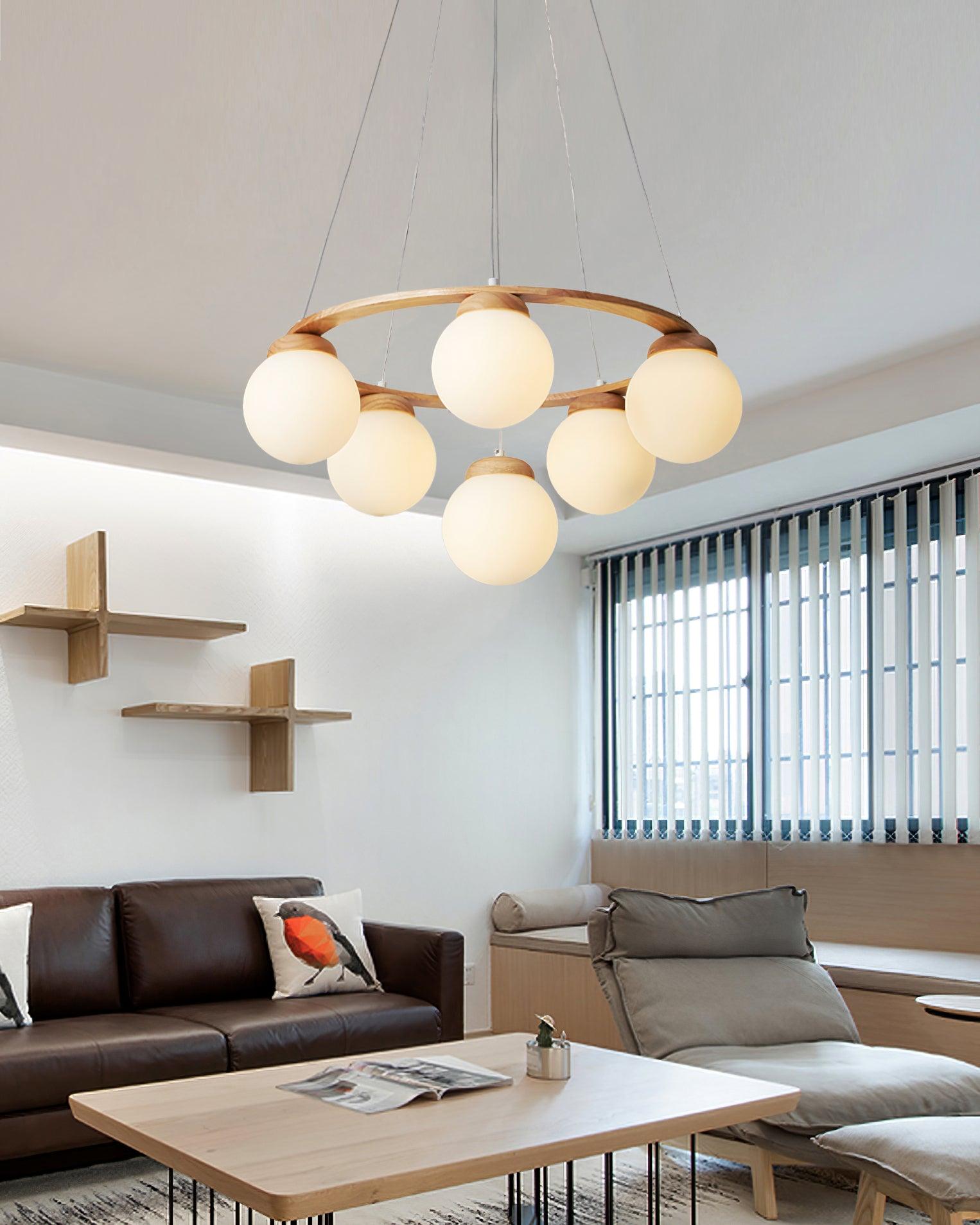 Aelion Chandelier Wood Ring Opal Glass Globes-Neutral Decor