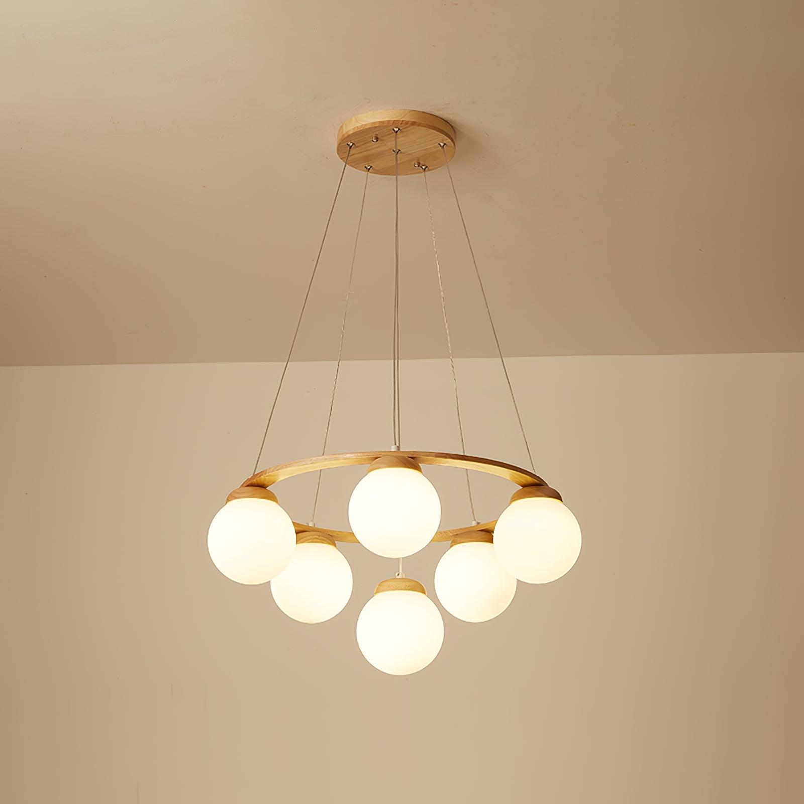 Aelion Chandelier Wood Ring Opal Glass Globes-Neutral Decor
