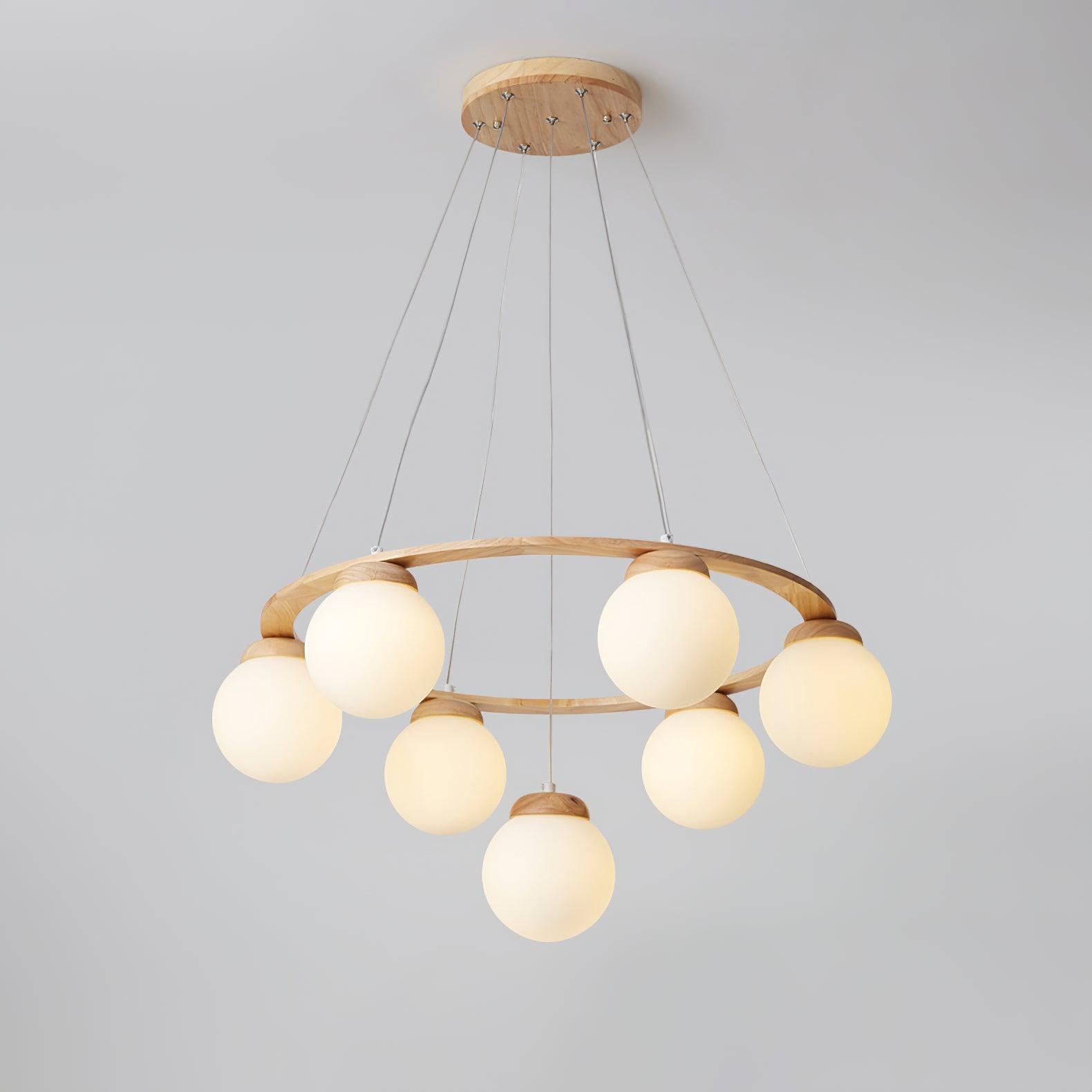 Aelion Chandelier Wood Ring Opal Glass Globes-Neutral Decor
