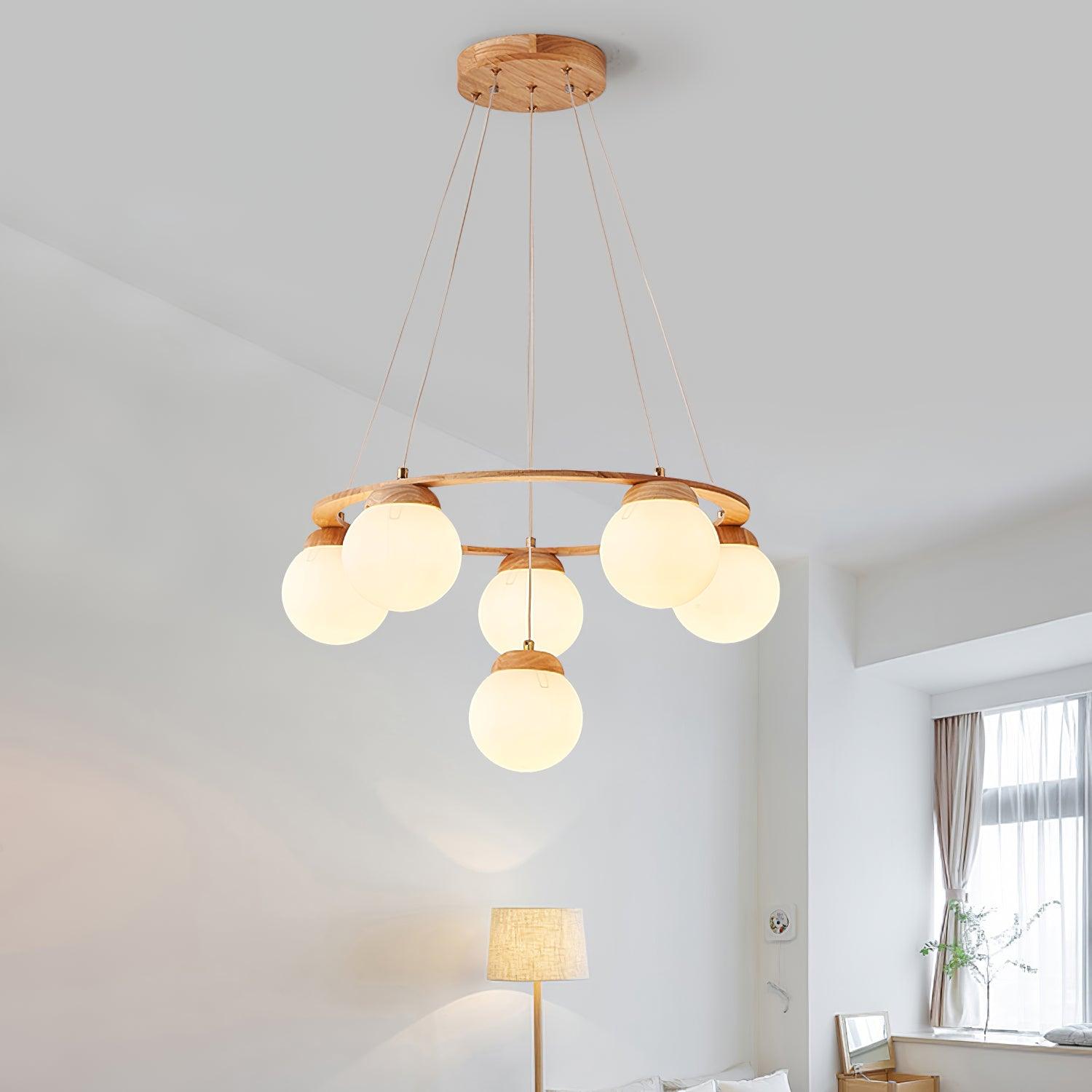 Aelion Chandelier Wood Ring Opal Glass Globes-Neutral Decor