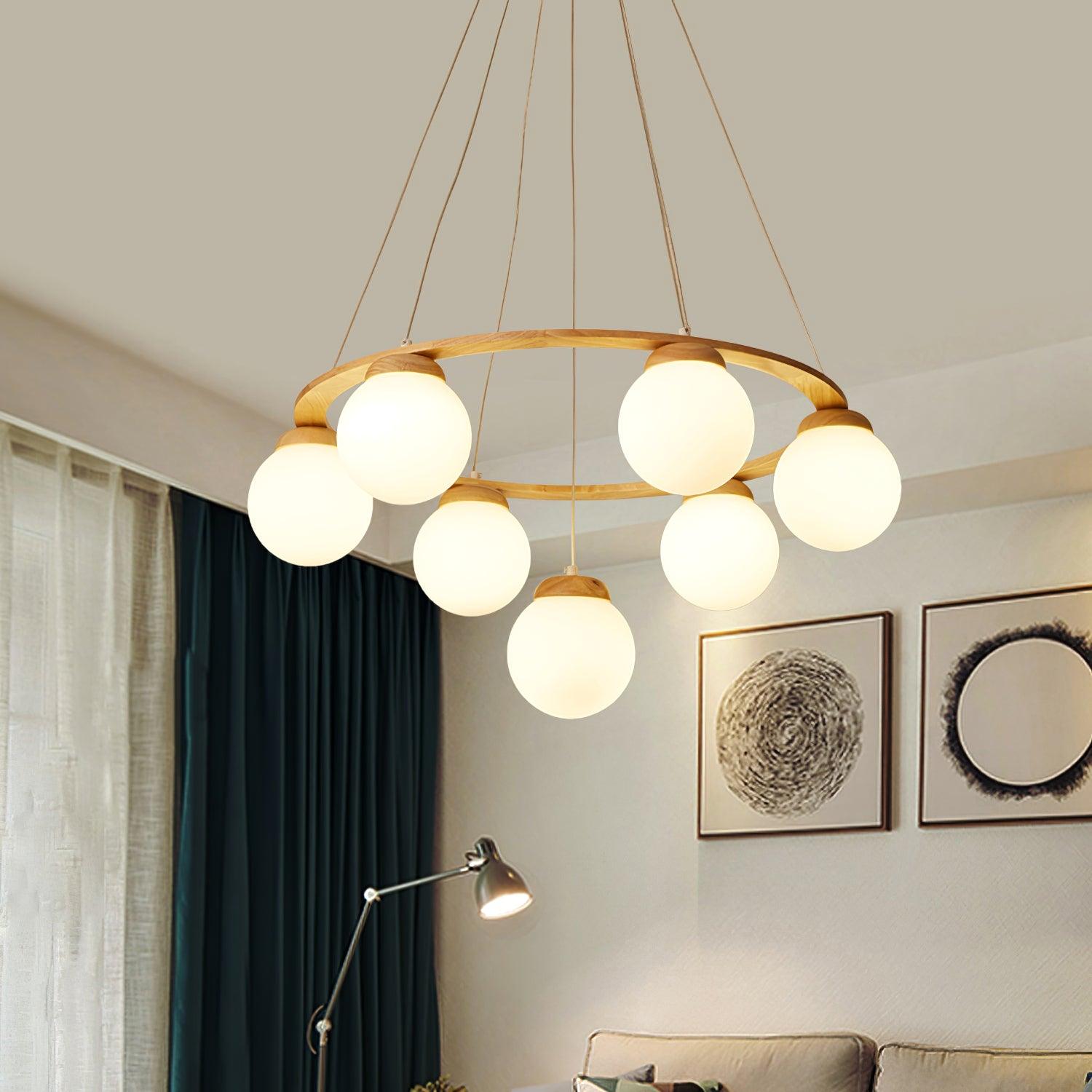 Aelion Chandelier Wood Ring Opal Glass Globes-Neutral Decor