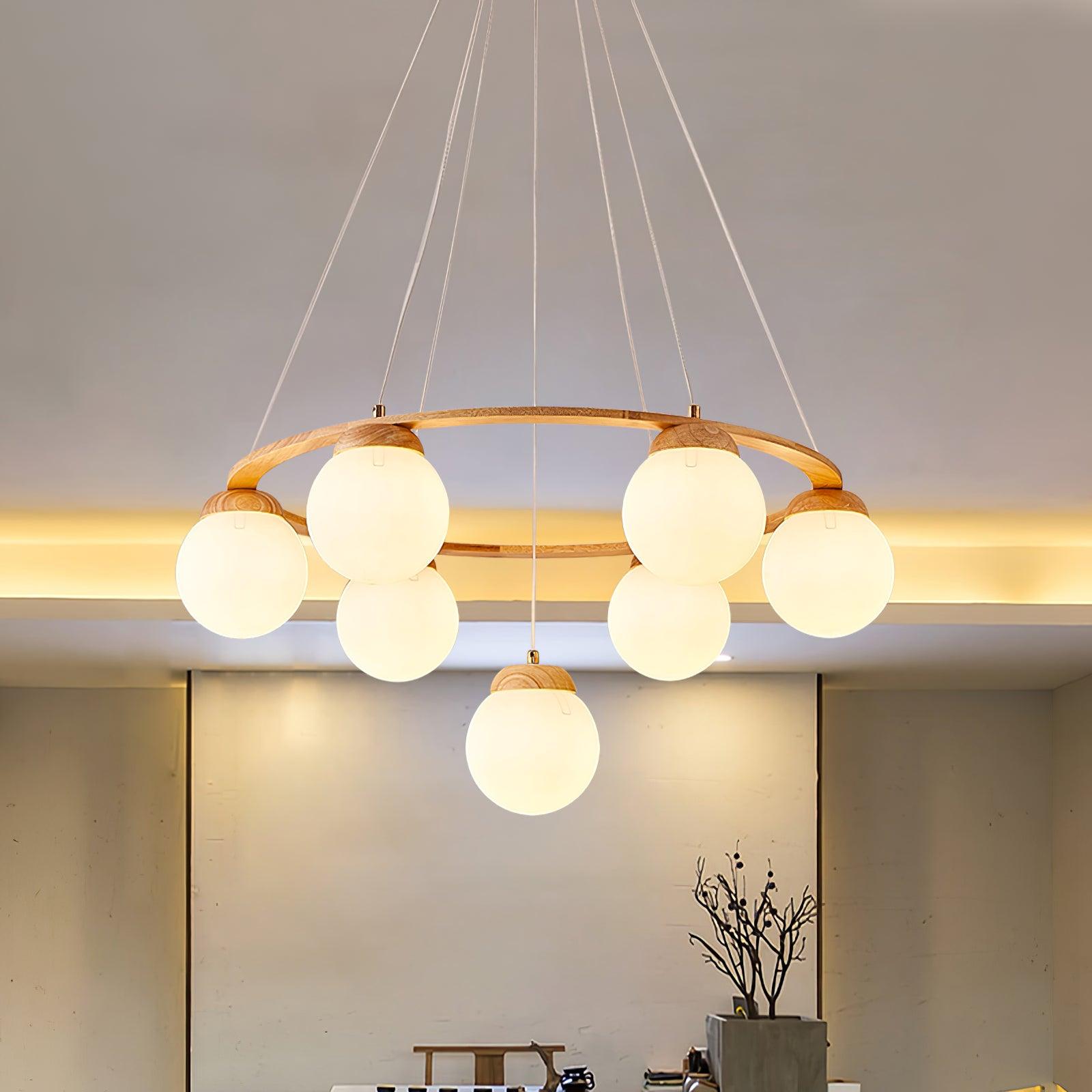 Aelion Chandelier Wood Ring Opal Glass Globes-Neutral Decor