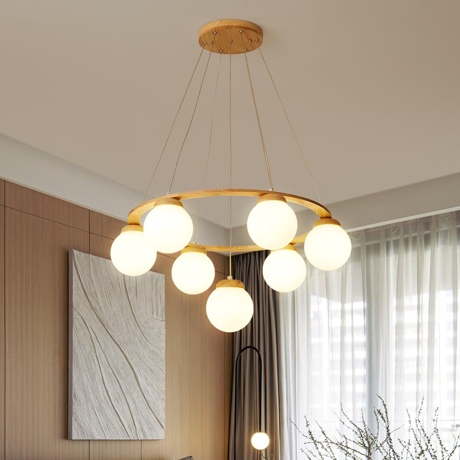 Aelion Chandelier Wood Ring Opal Glass Globes-Neutral Decor