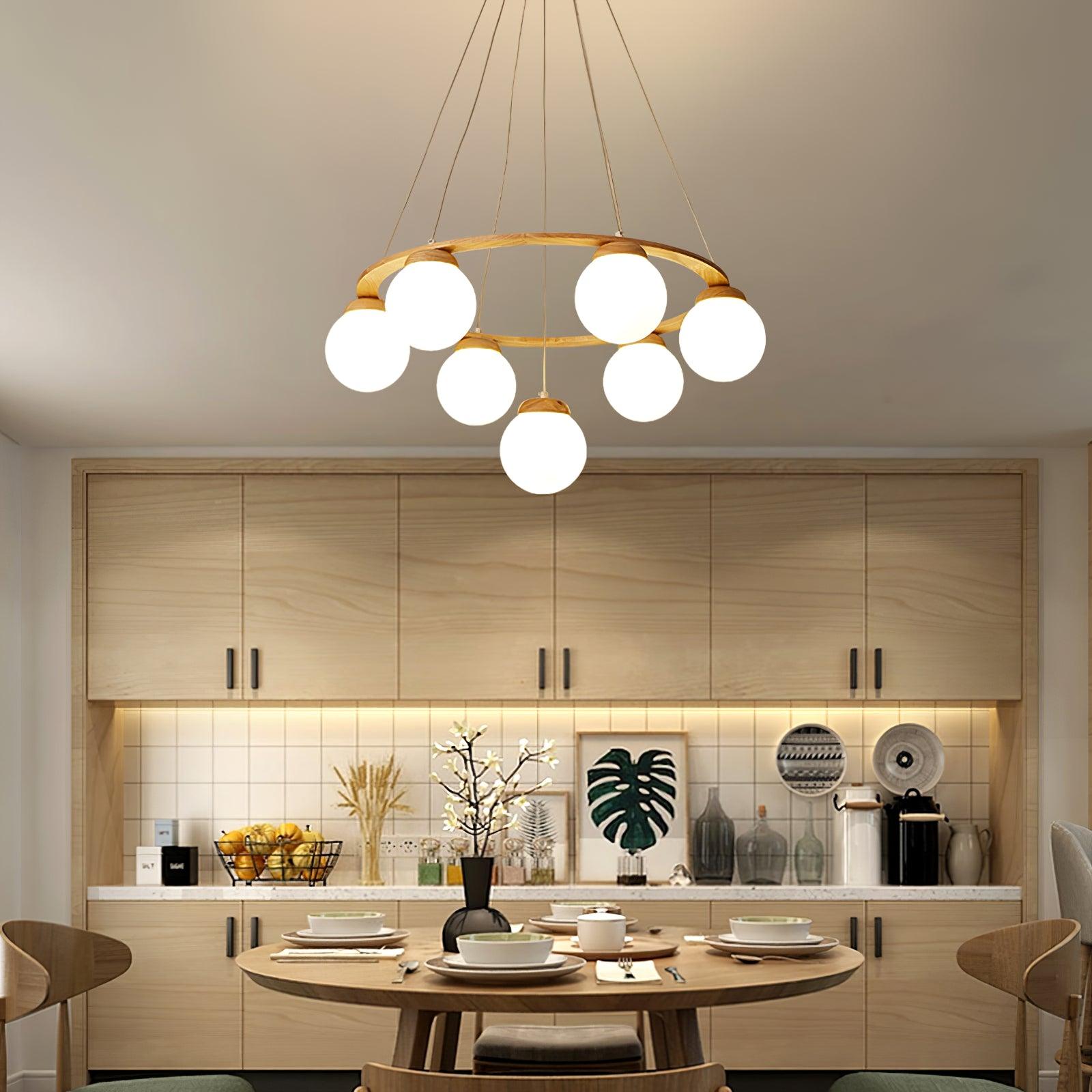 Aelion Chandelier Wood Ring Opal Glass Globes-Neutral Decor