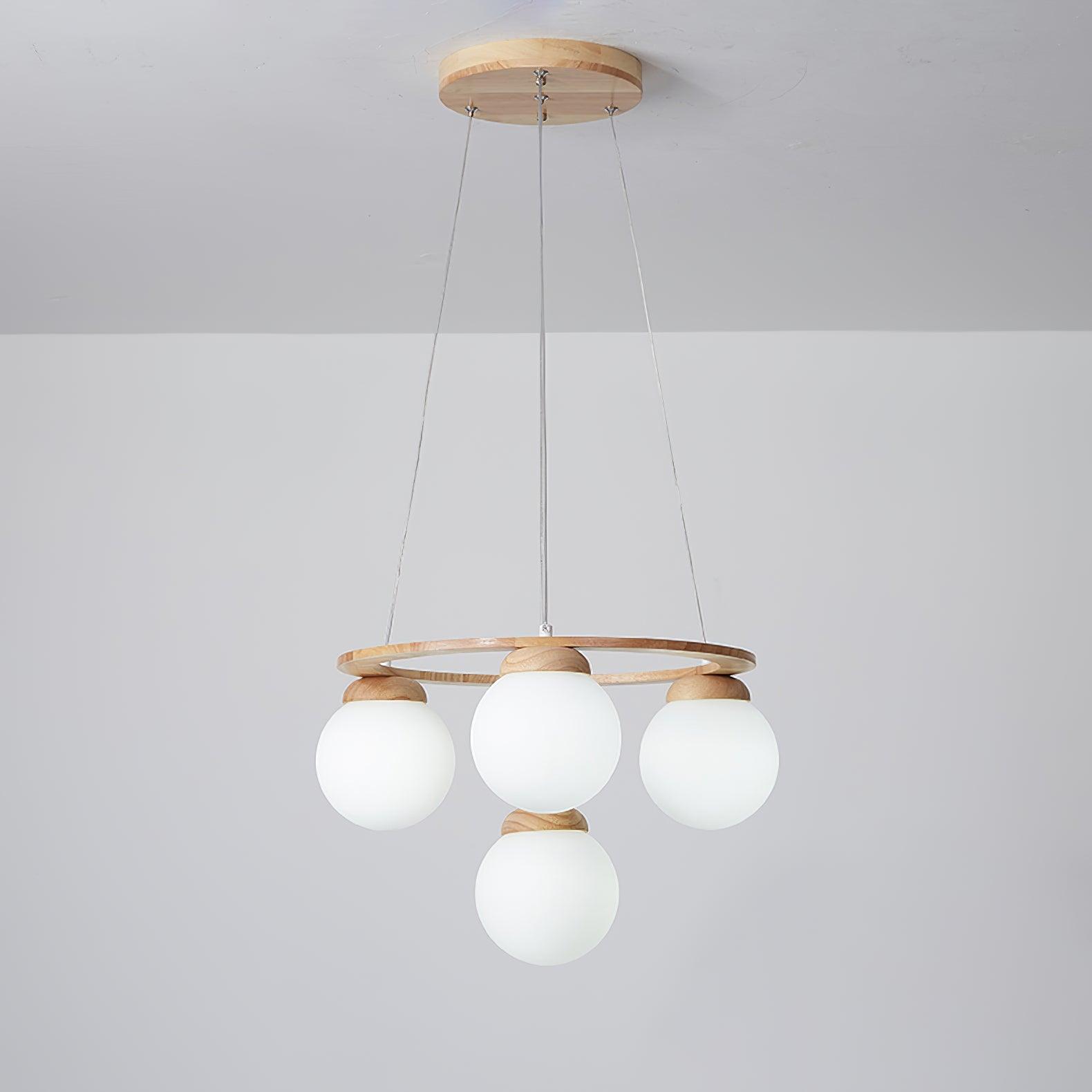 Aelion Chandelier Wood Ring Opal Glass Globes-Neutral Decor