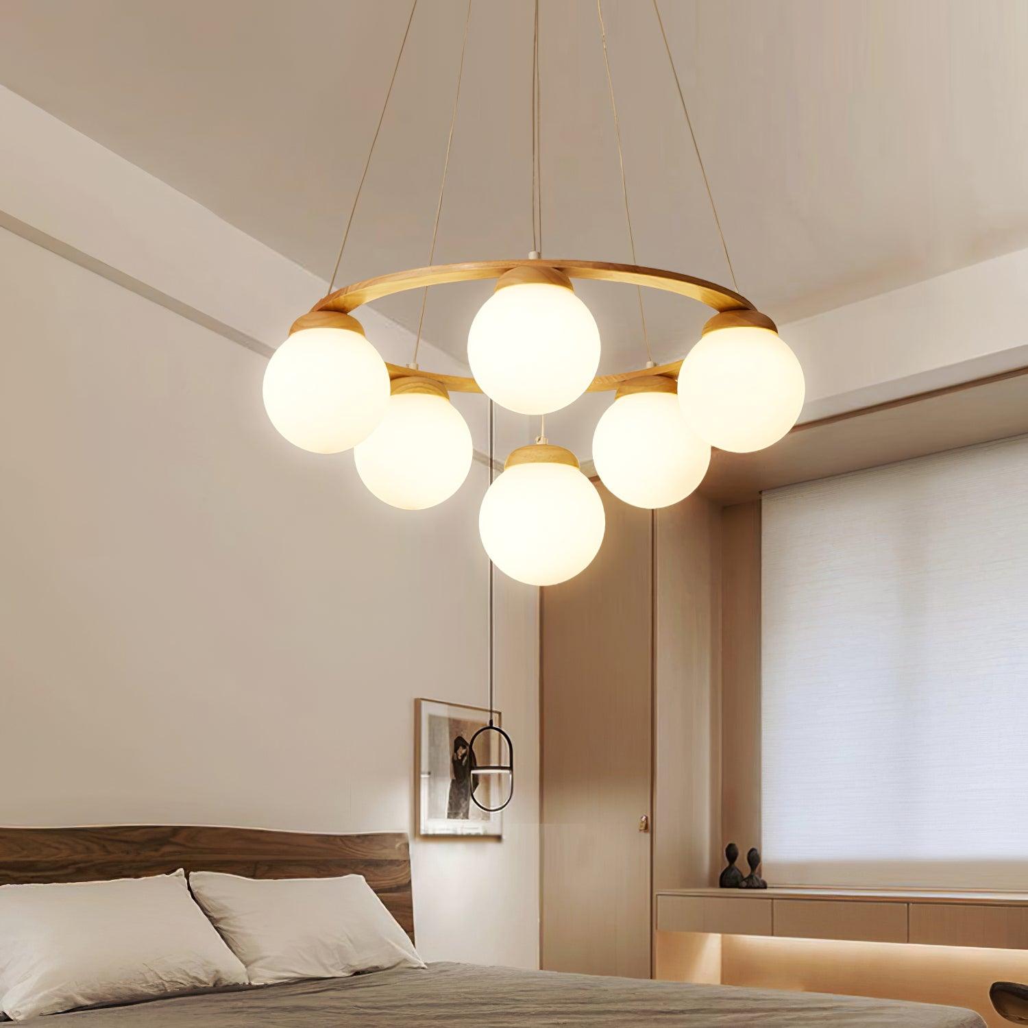 Aelion Chandelier Wood Ring Opal Glass Globes-Neutral Decor