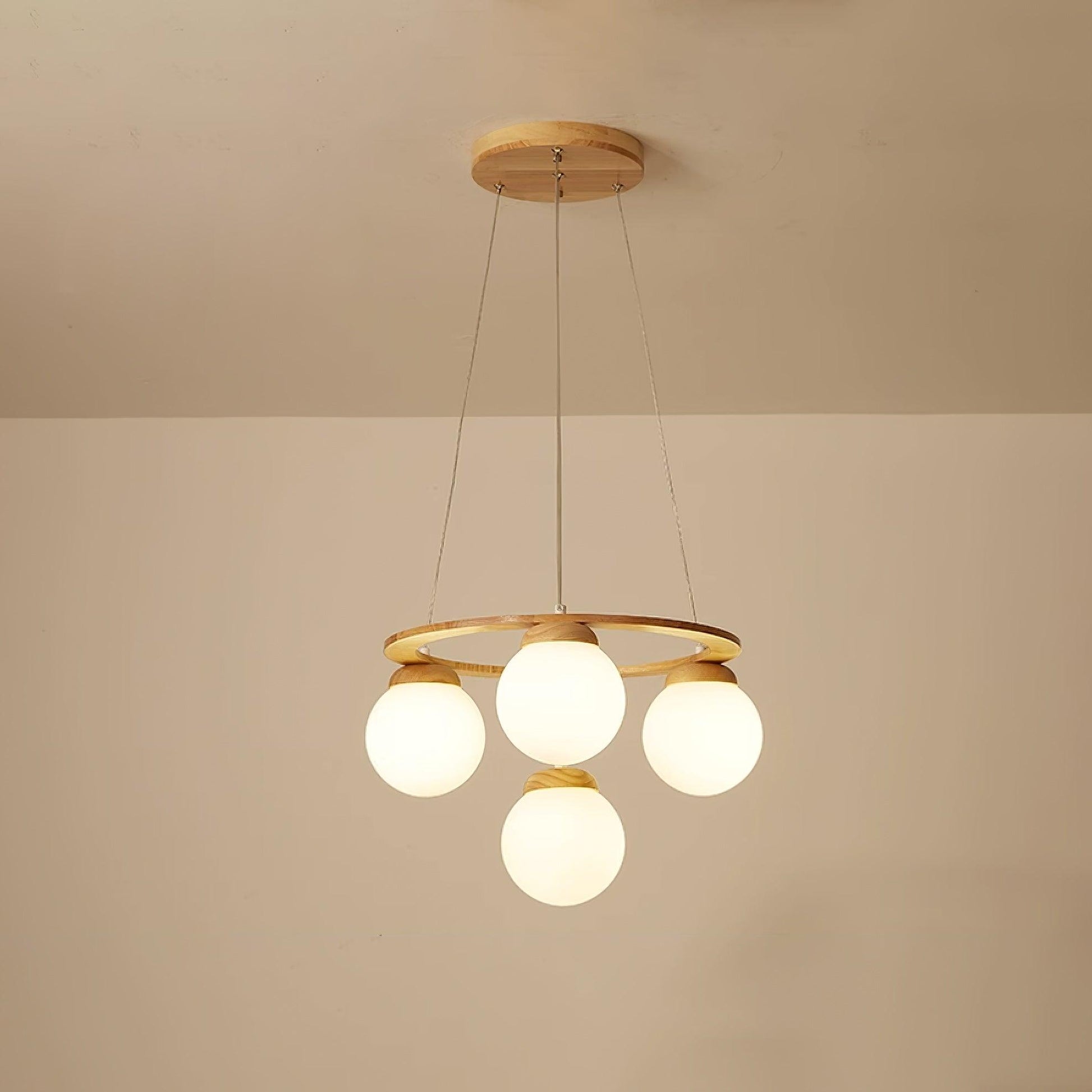 Aelion Chandelier Wood Ring Opal Glass Globes-Neutral Decor