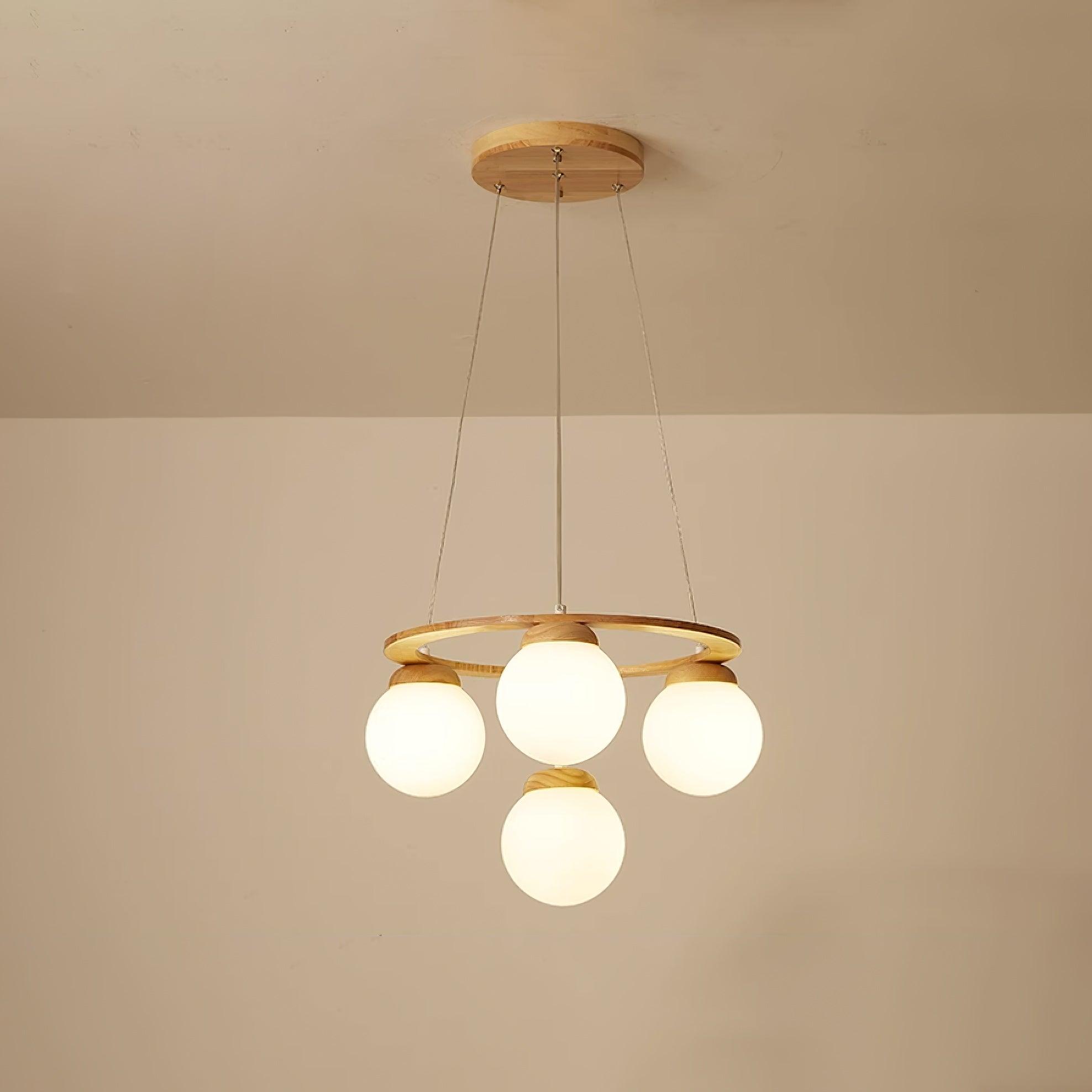 Aelion Chandelier Wood Ring Opal Glass Globes-Neutral Decor