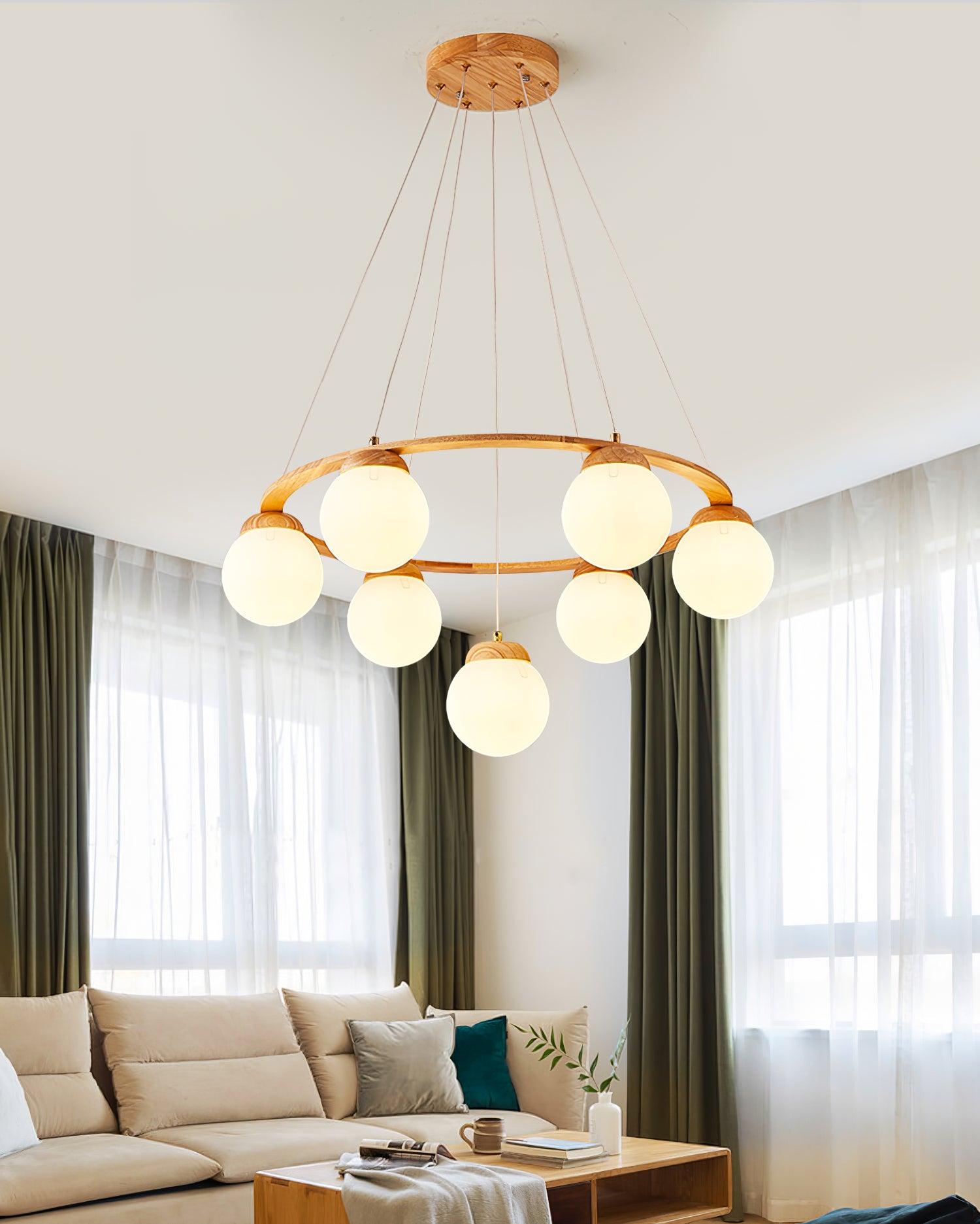 Aelion Chandelier Wood Ring Opal Glass Globes-Neutral Decor