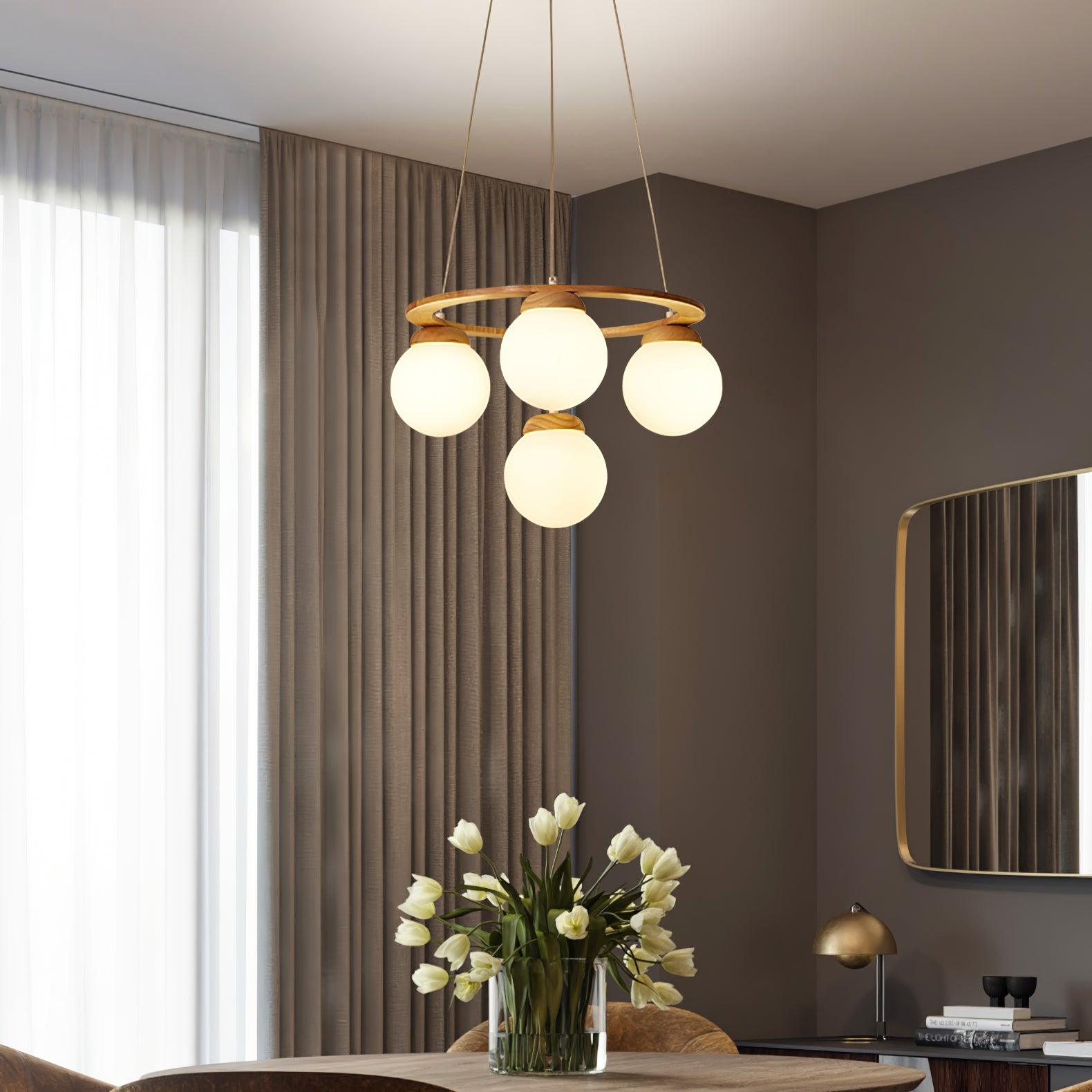 Aelion Chandelier Wood Ring Opal Glass Globes-Neutral Decor