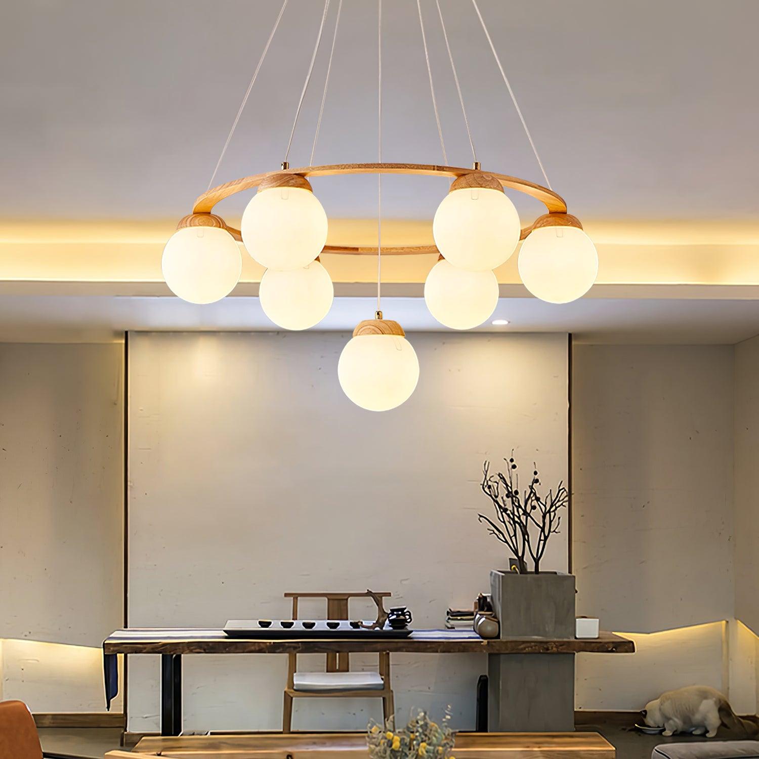 Aelion Chandelier Wood Ring Opal Glass Globes-Neutral Decor