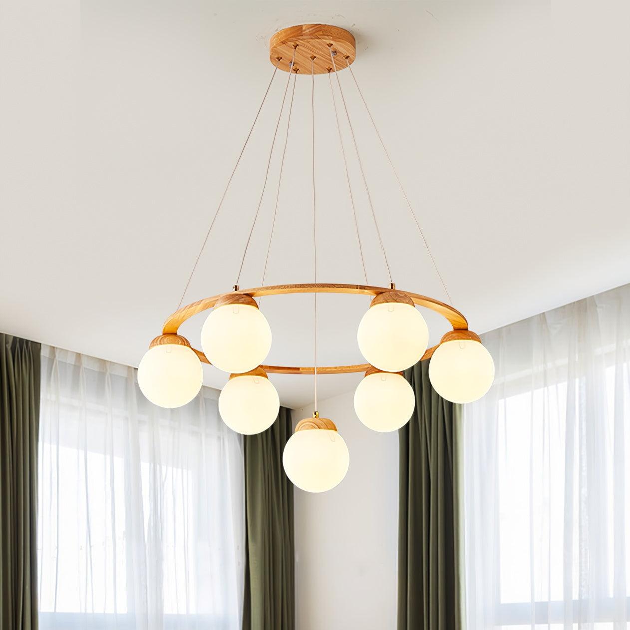Aelion Chandelier Wood Ring Opal Glass Globes-Neutral Decor