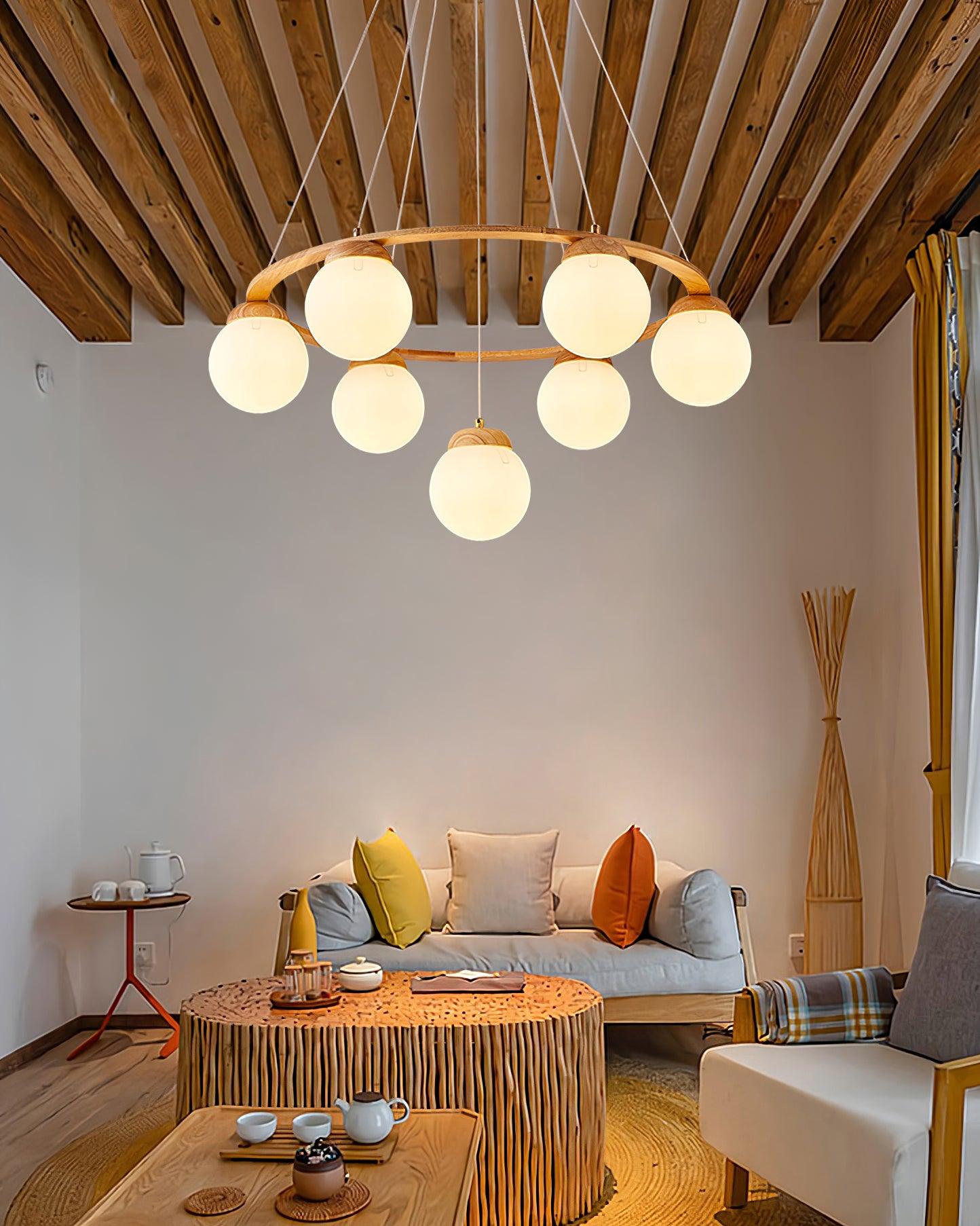 Aelion Chandelier Wood Ring Opal Glass Globes-Neutral Decor