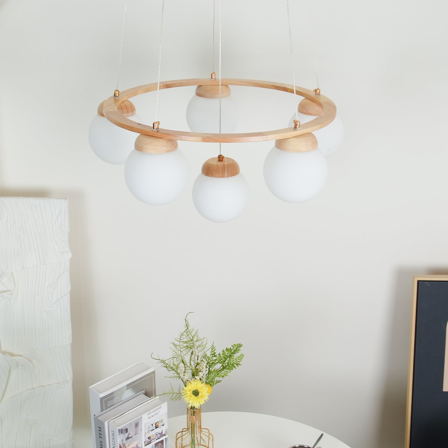 Aelion Chandelier Wood Ring Opal Glass Globes-Neutral Decor