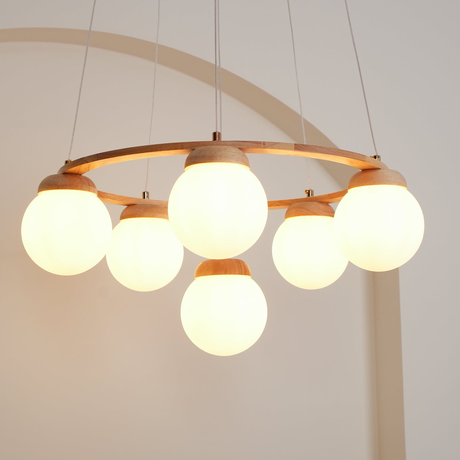 Aelion Chandelier Wood Ring Opal Glass Globes-Neutral Decor