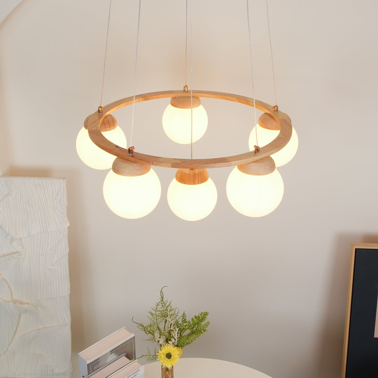Aelion Chandelier Wood Ring Opal Glass Globes-Neutral Decor