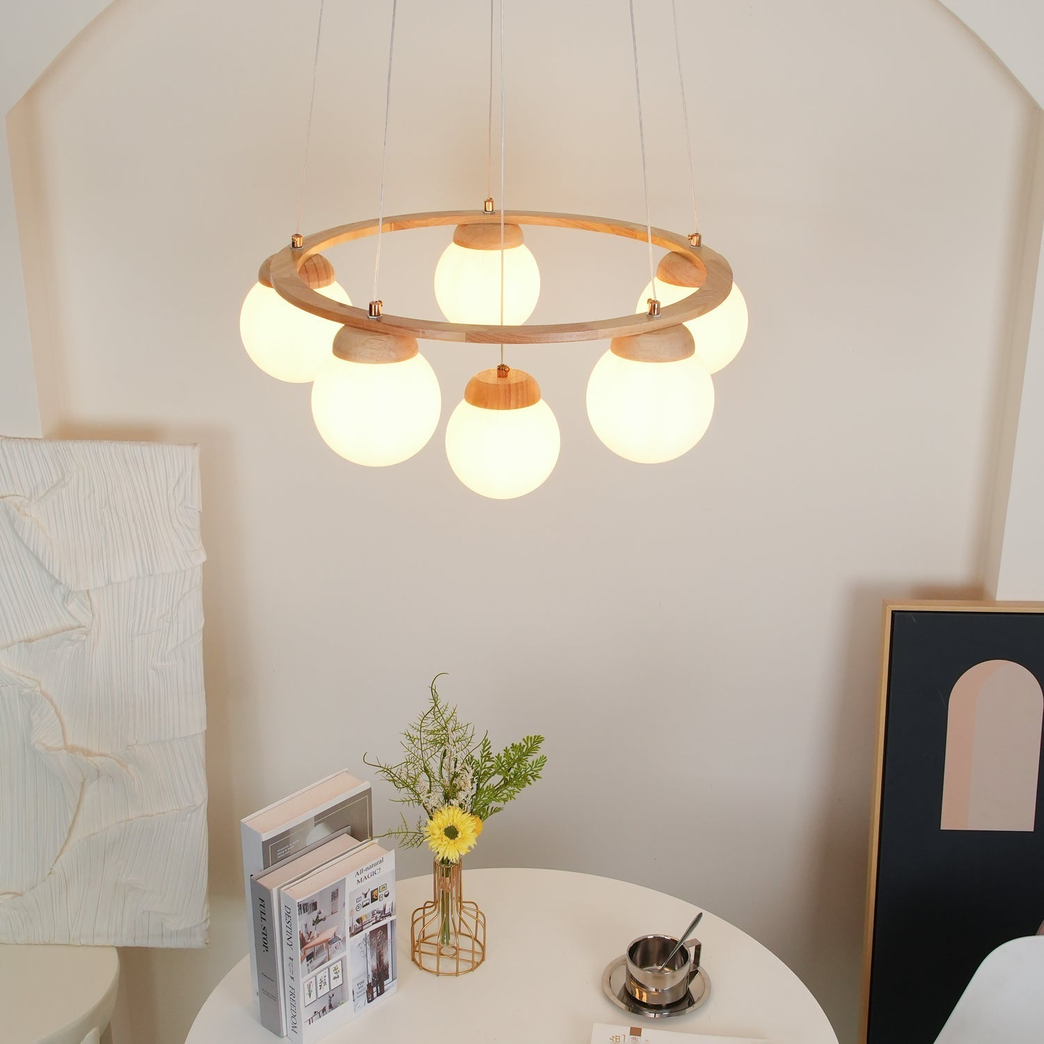 Aelion Chandelier Wood Ring Opal Glass Globes-Neutral Decor