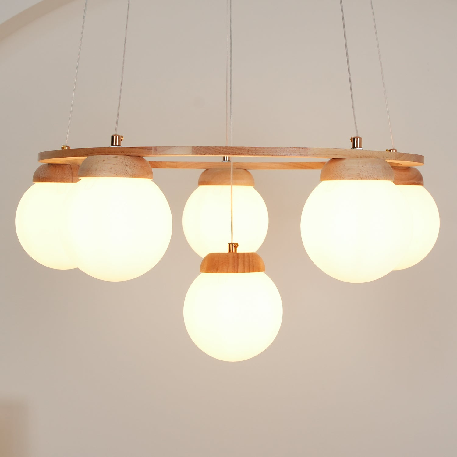 Aelion Chandelier Wood Ring Opal Glass Globes-Neutral Decor