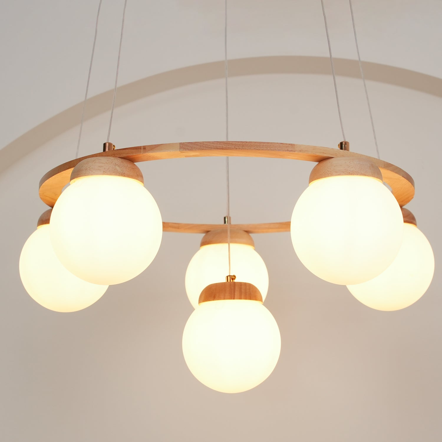 Aelion Chandelier Wood Ring Opal Glass Globes-Neutral Decor