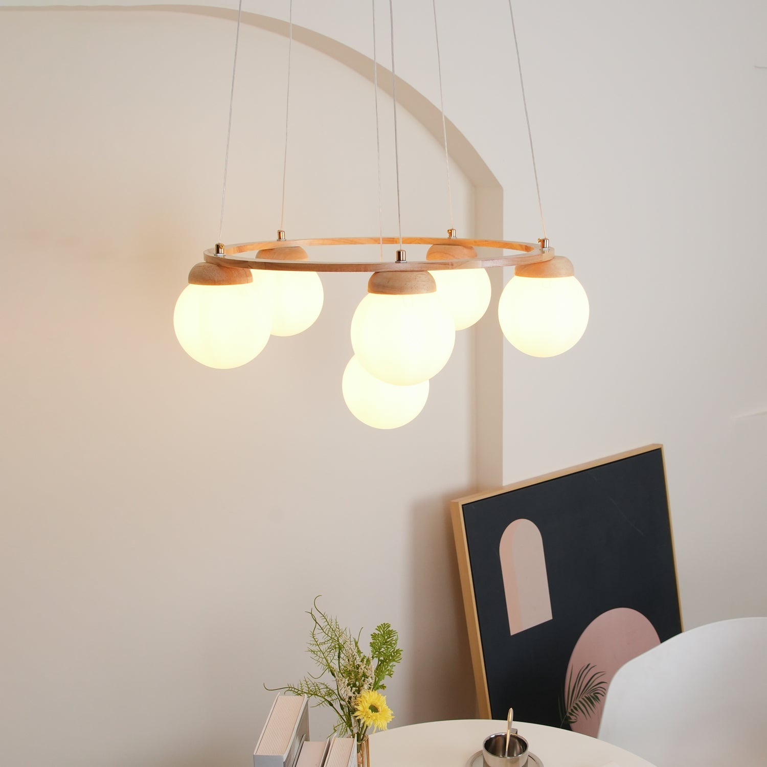 Aelion Chandelier Wood Ring Opal Glass Globes-Neutral Decor
