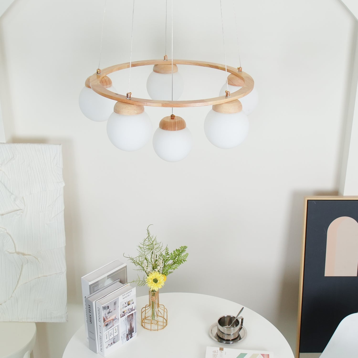 Aelion Chandelier Wood Ring Opal Glass Globes-Neutral Decor