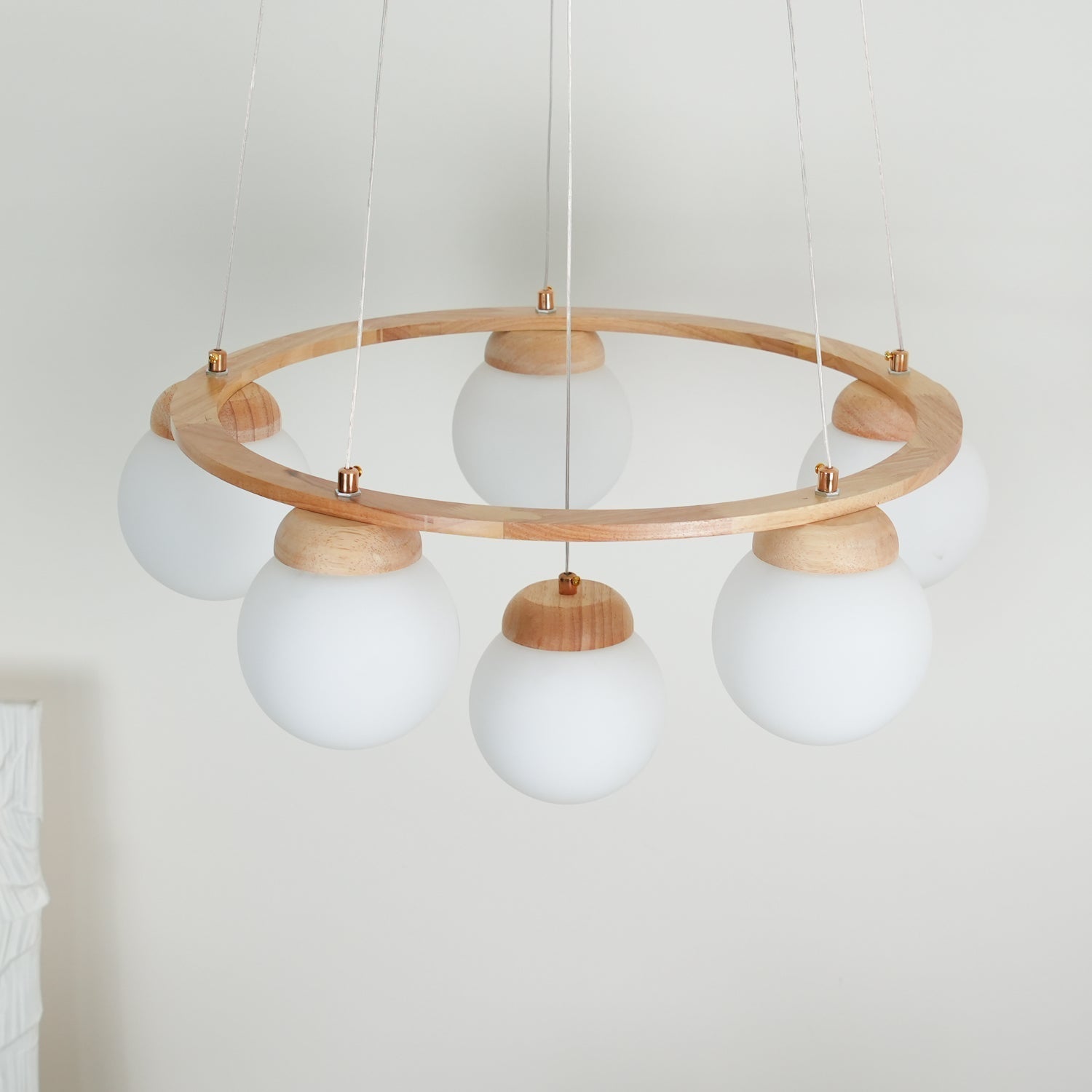 Aelion Chandelier Wood Ring Opal Glass Globes-Neutral Decor