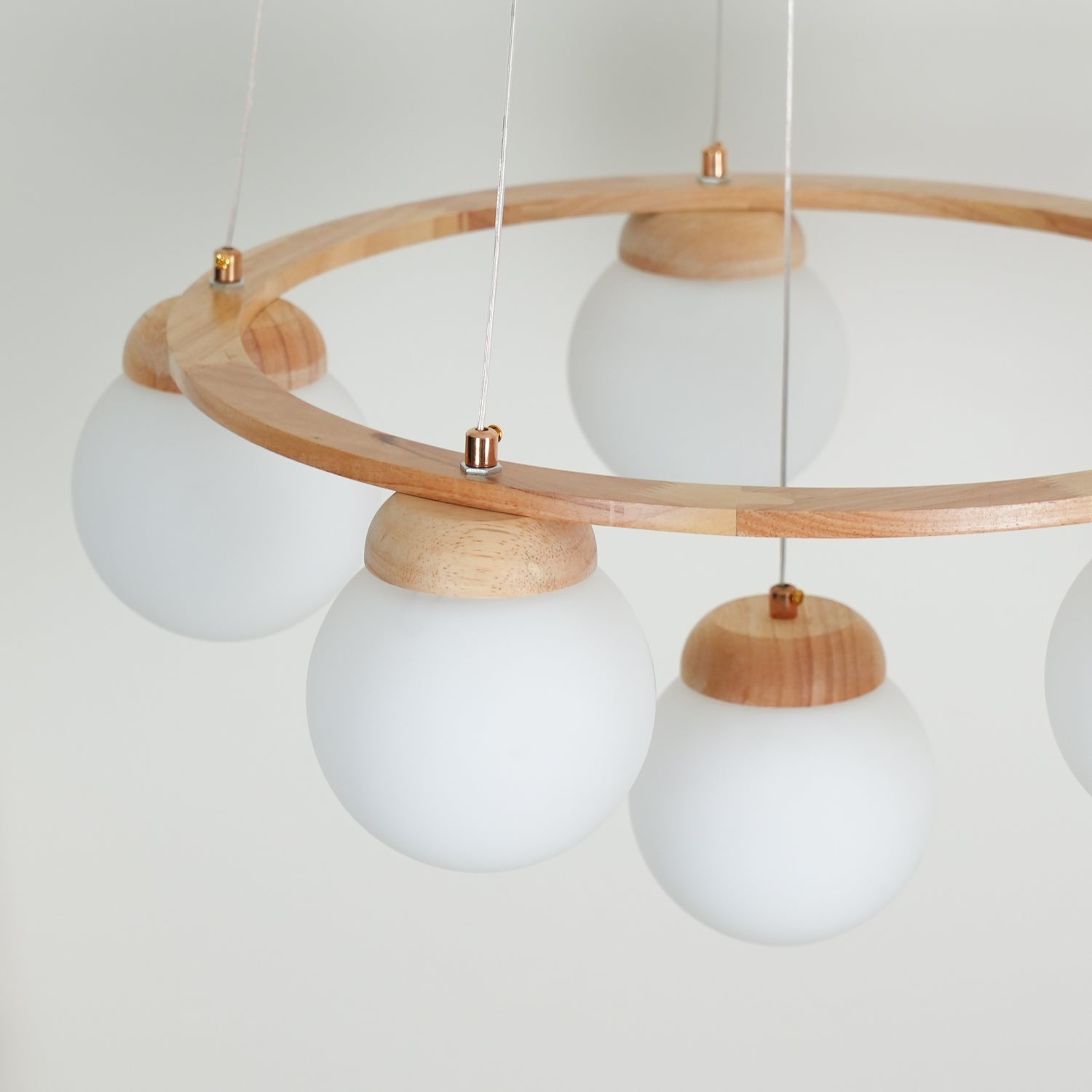 Aelion Chandelier Wood Ring Opal Glass Globes-Neutral Decor
