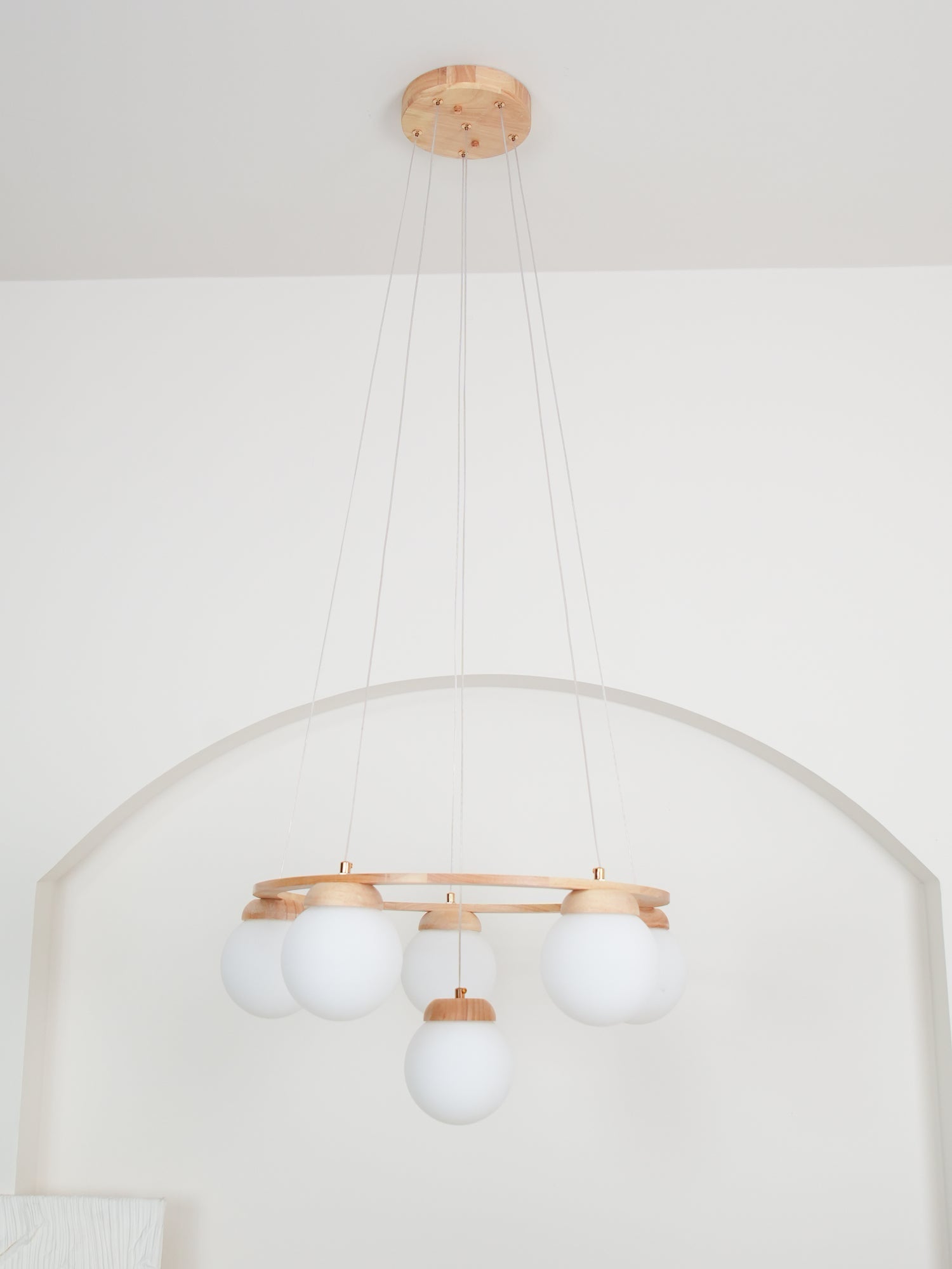 Aelion Chandelier Wood Ring Opal Glass Globes-Neutral Decor