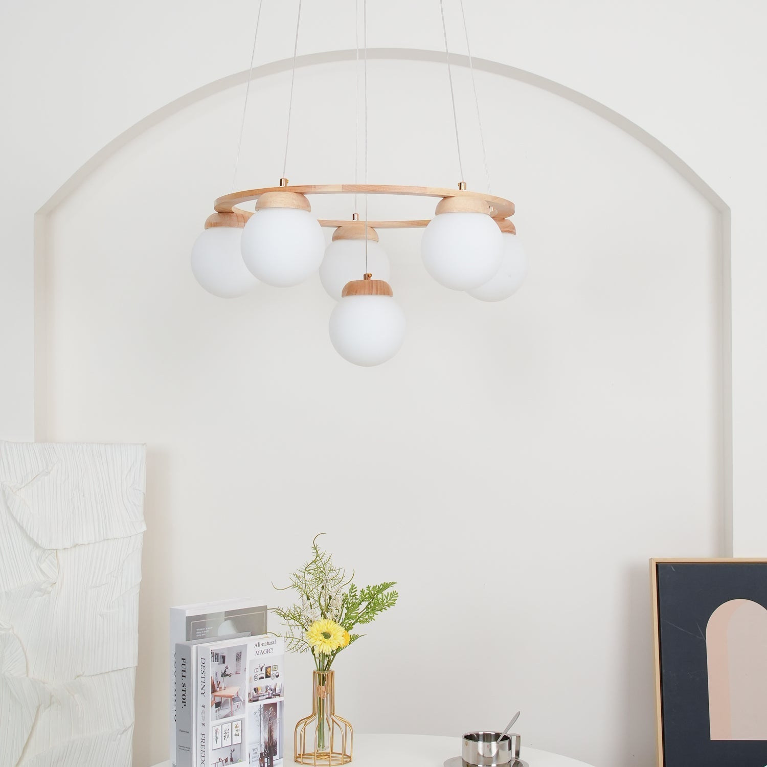 Aelion Chandelier Wood Ring Opal Glass Globes-Neutral Decor