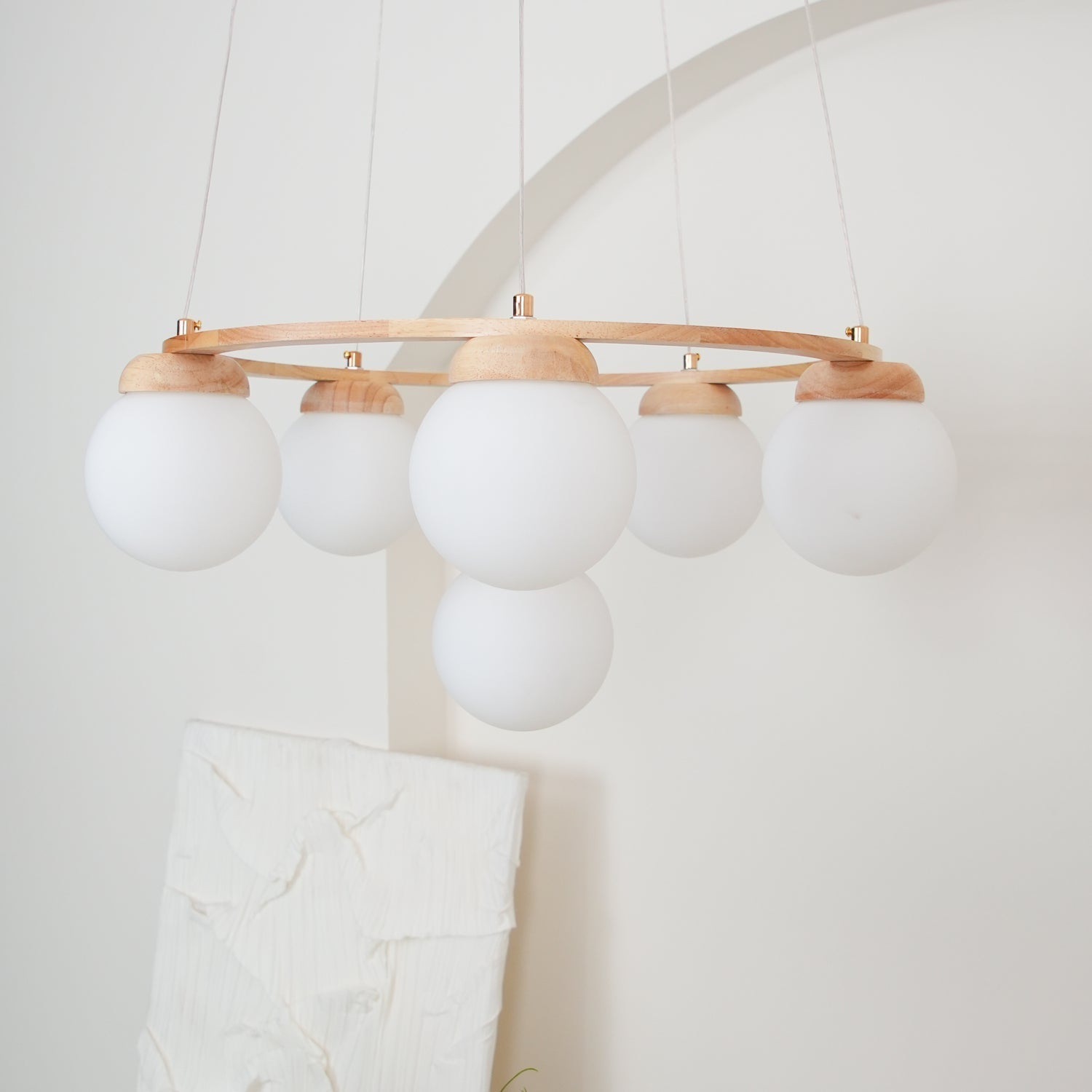 Aelion Chandelier Wood Ring Opal Glass Globes-Neutral Decor