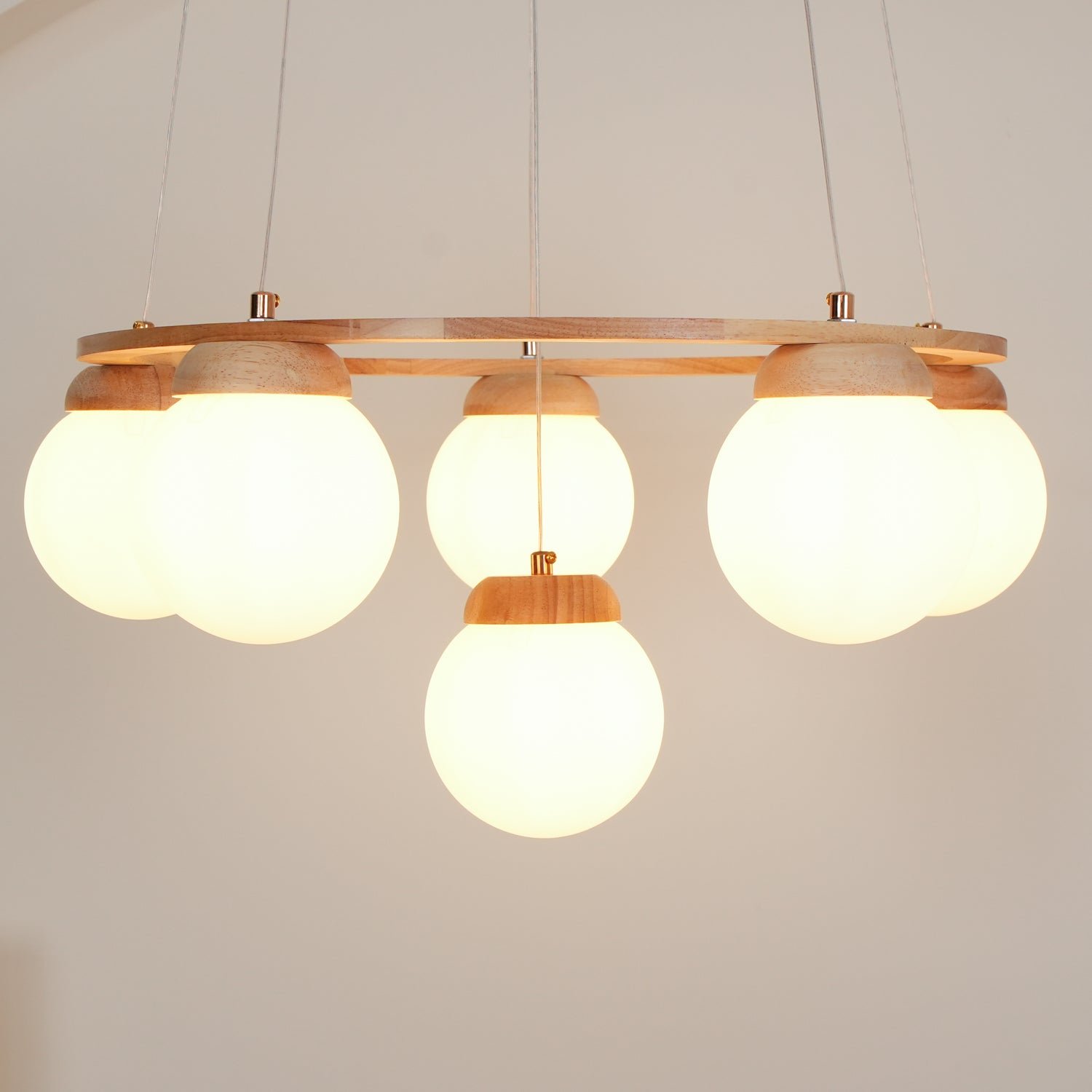 Aelion Chandelier Wood Ring Opal Glass Globes-Neutral Decor