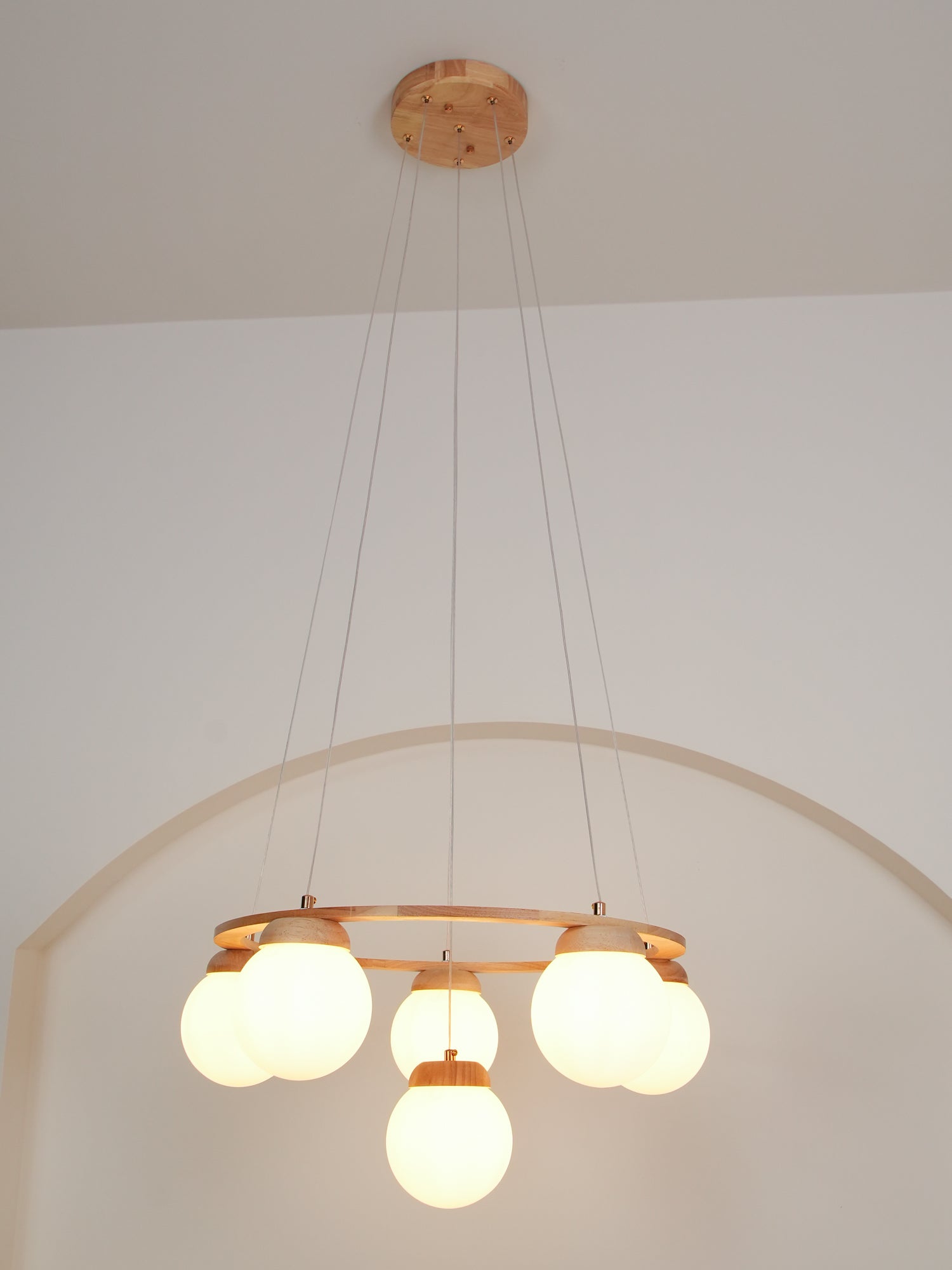 Aelion Chandelier Wood Ring Opal Glass Globes-Neutral Decor